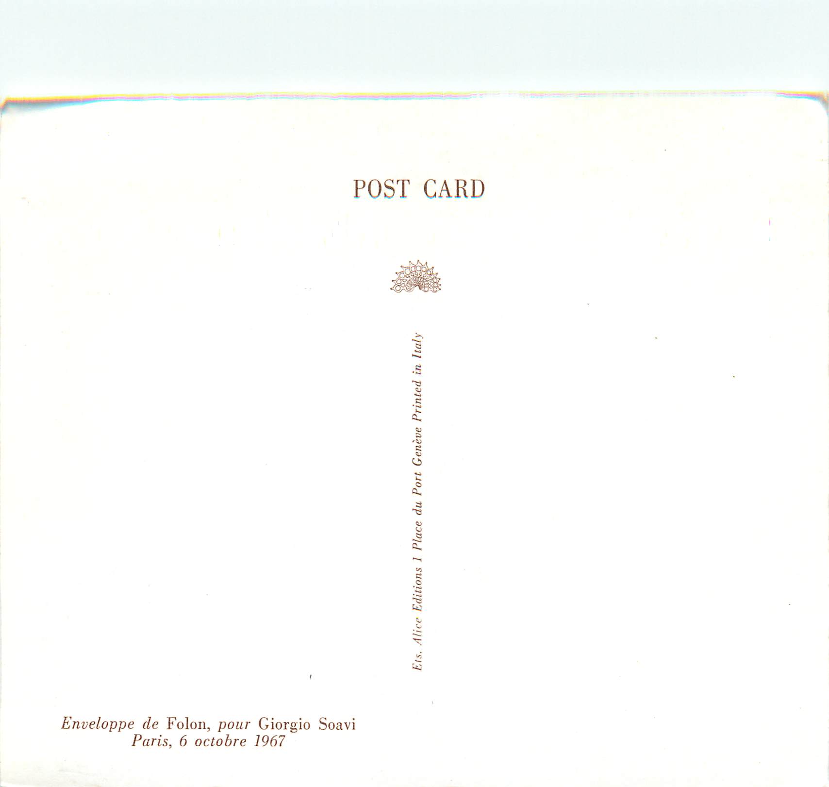 CPM Enveloppe de Folon pour Giorgio Soavi Paris 6 Octobre 1967 — Rückseite