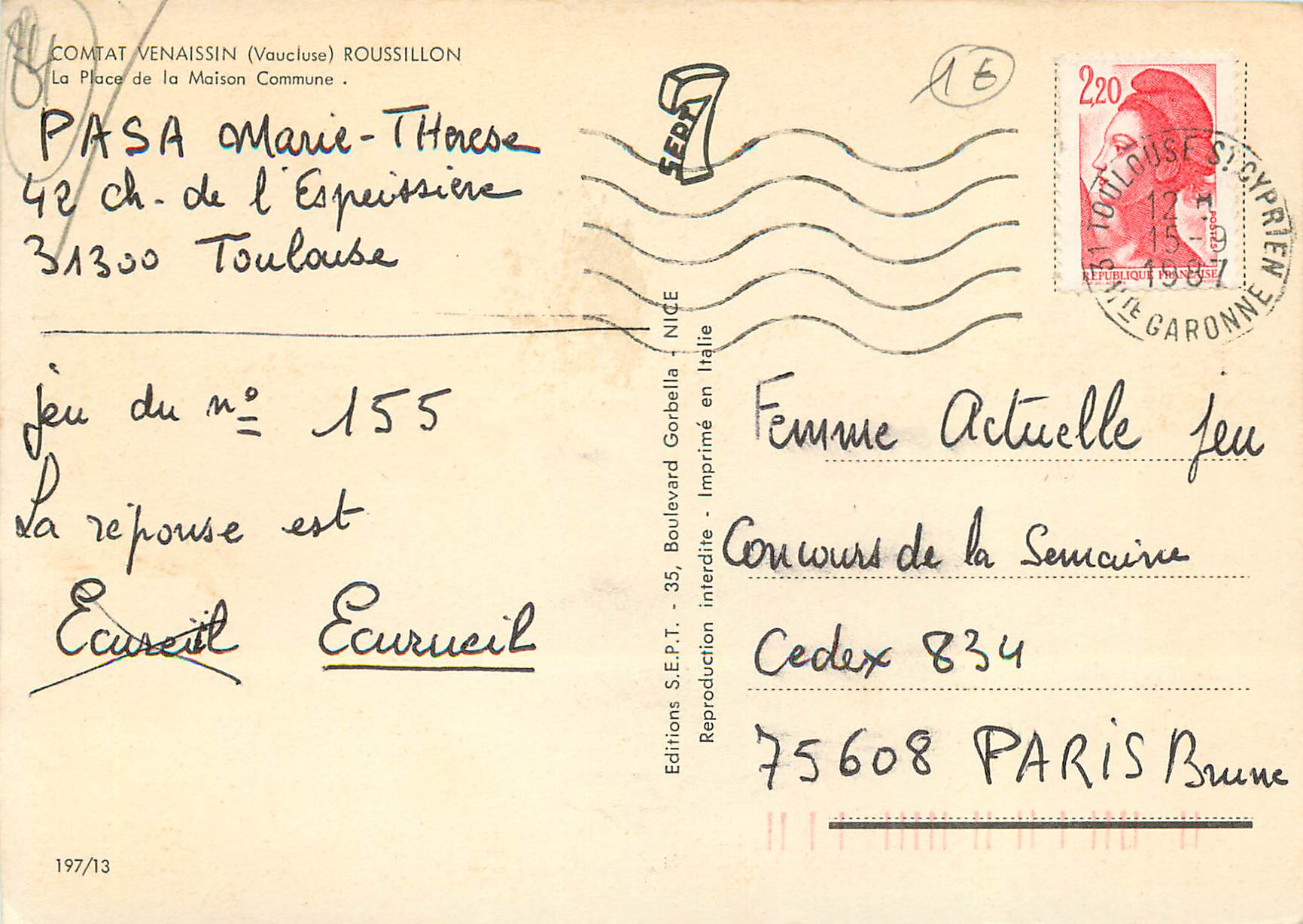 CPM Comtat Venaissin (Vaucluse) Roussillon La Place de la Maison Commune — Rückseite