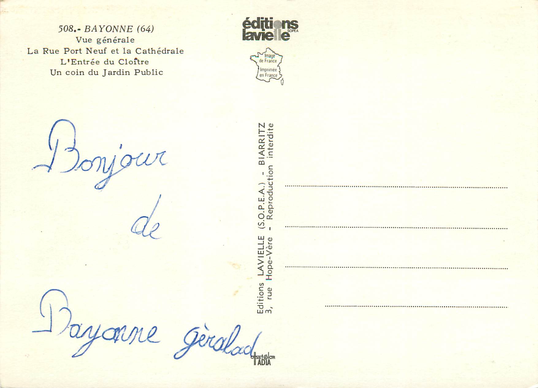 CPM Bayonne (64) La Rue Port Neuf et la Cathedrale L'Entree du Chloitre Un Coin du Jardin Public — Verso