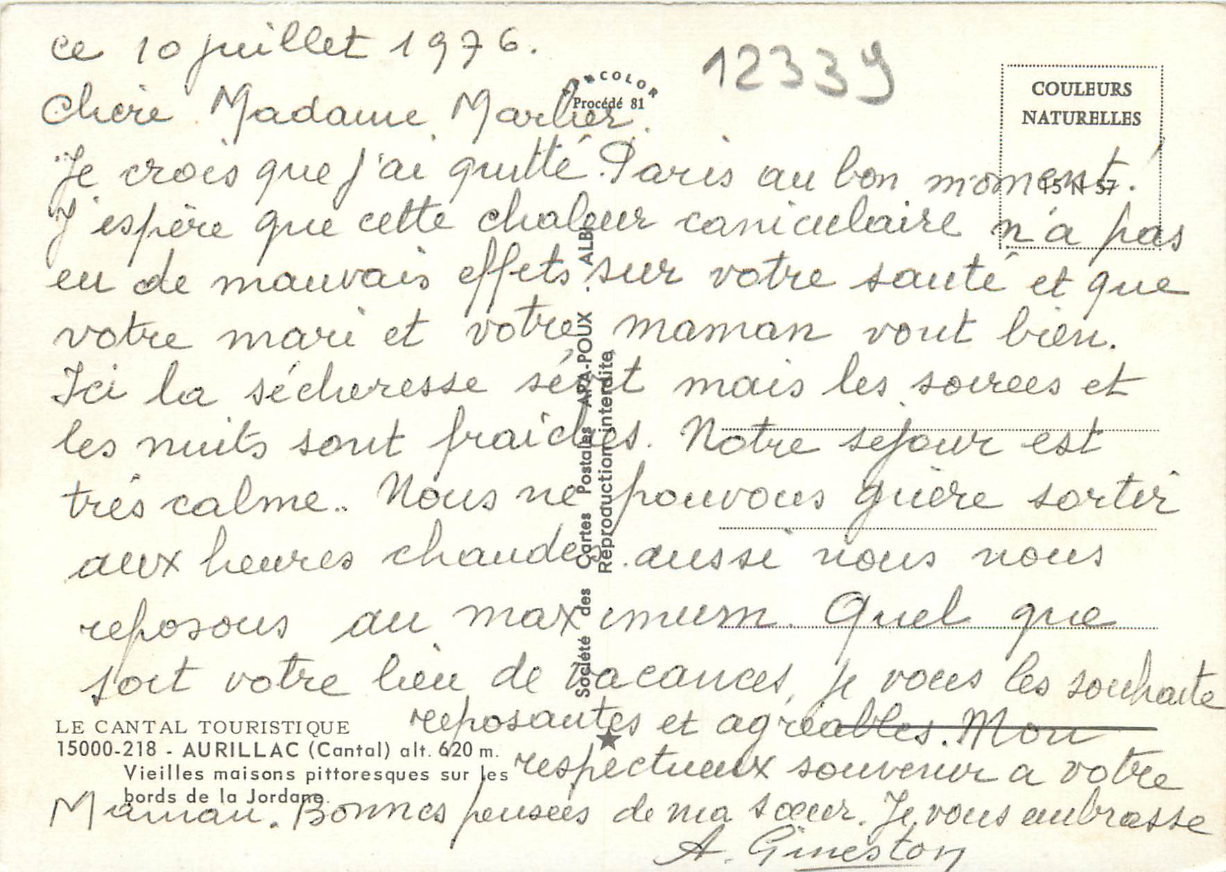 CPM Le Cantal Pittoresque Aurillac (Cantal) alt 620 m Vieilles Maisons Pittoresques sur les Bords de la Jordan — Rückseite