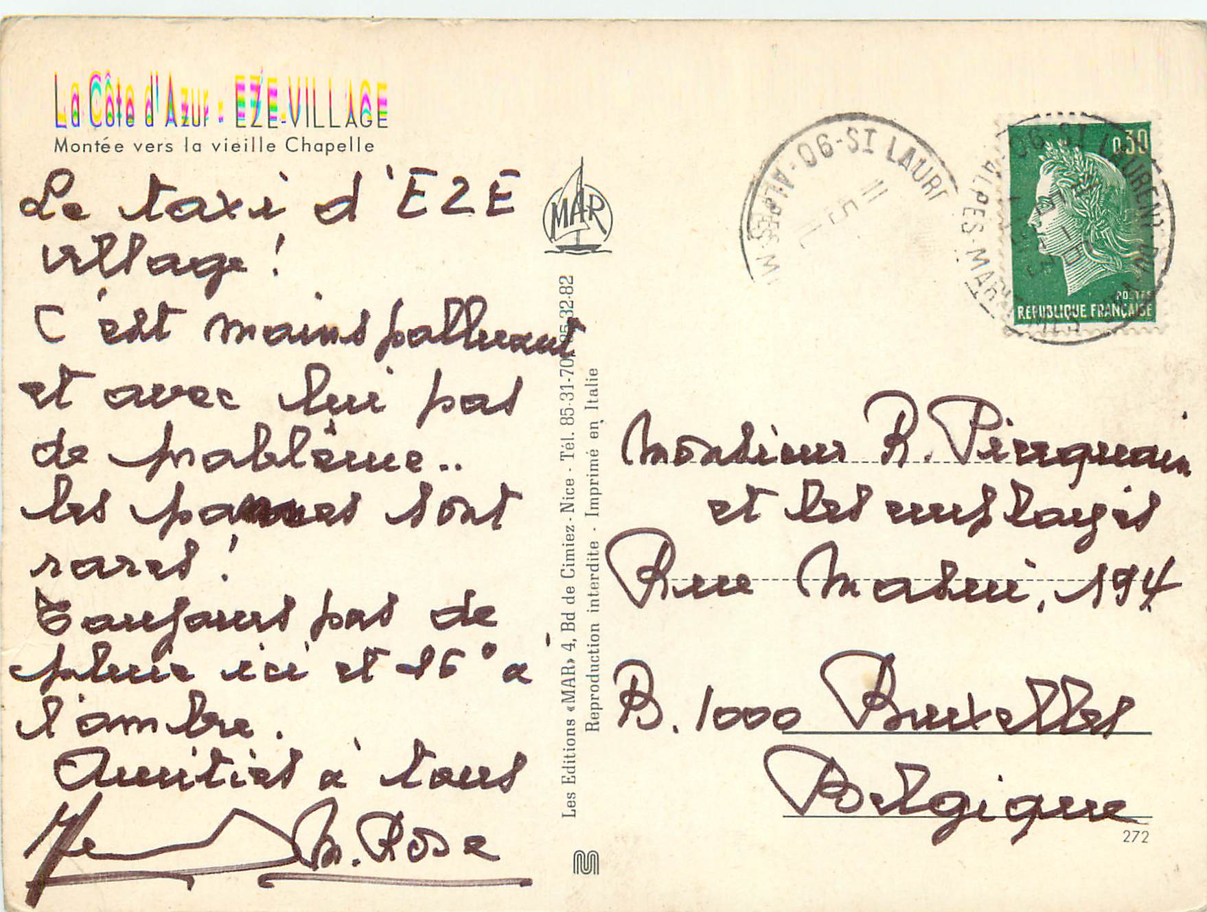 CPM La Cote d'Azur Eze Village Montee vers La Vieille Chapelle Ane Donkey — Rückseite