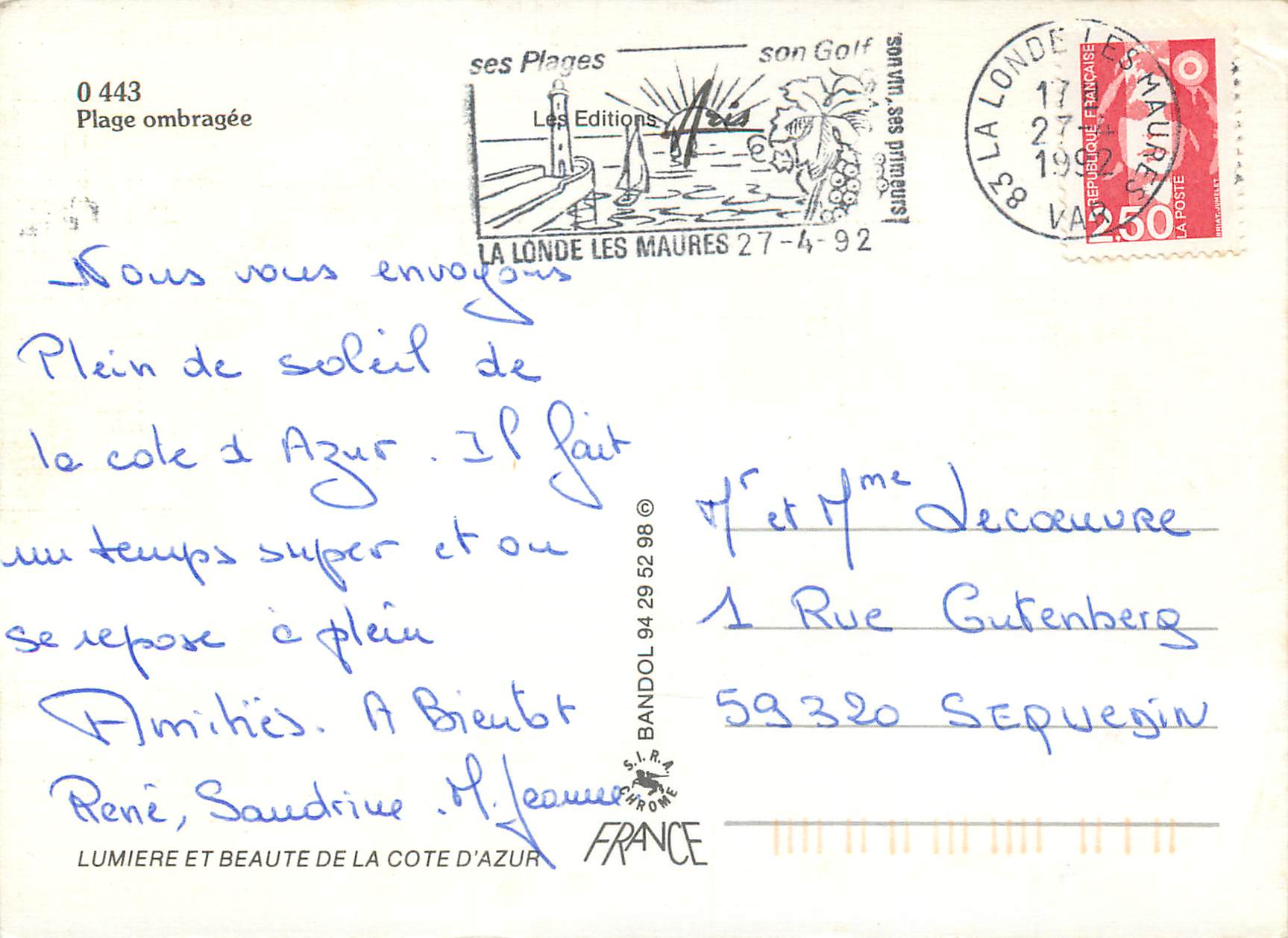 Plage ombragée — La Londe-les-Maures — Les Editions S.I.R.A. n° 0 443 — Rückseite