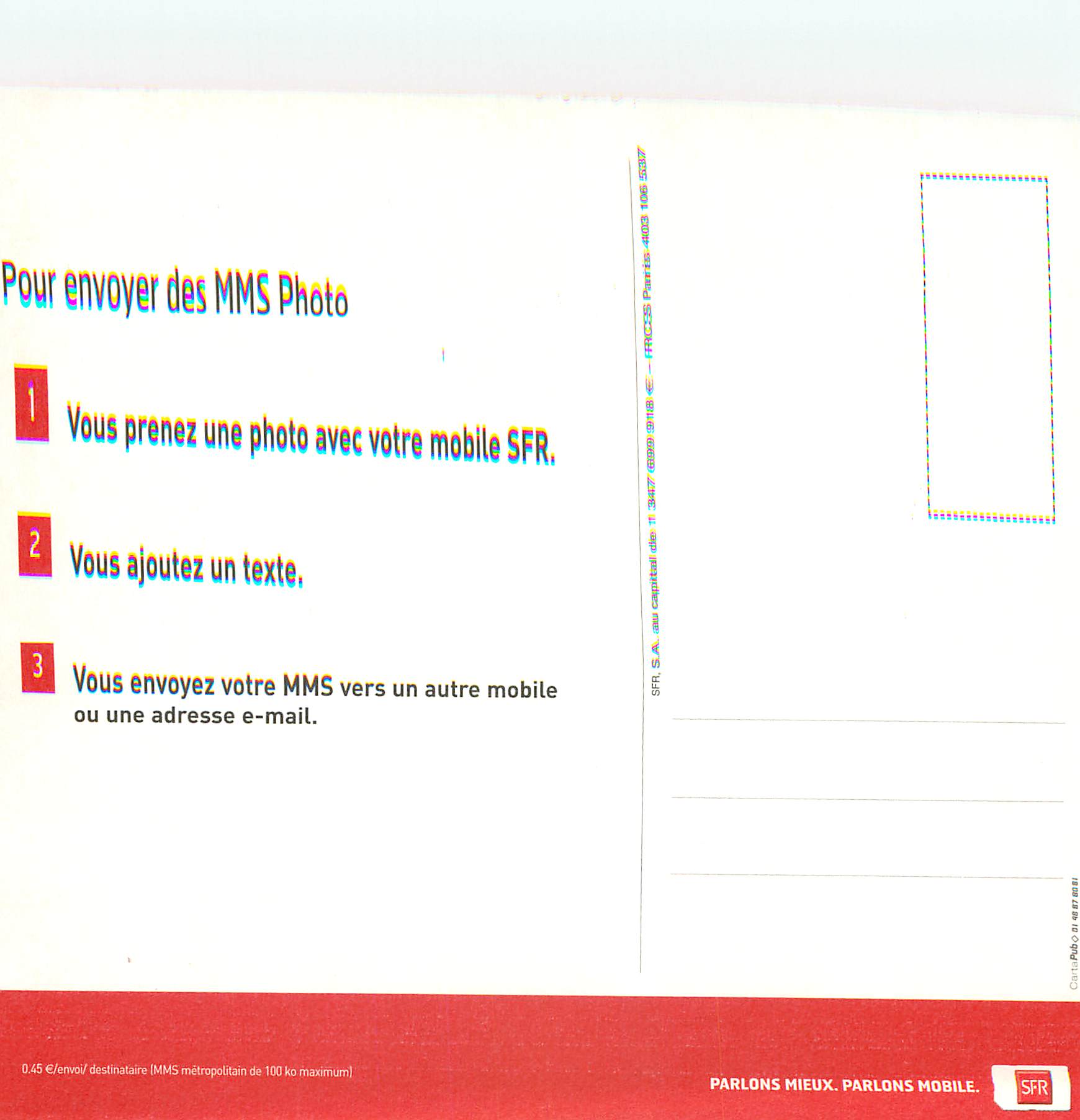 CPM Parlons Mieux parlons Mobile SFR Photographiez cette Image avec votre Mobile et Envoyez votre excuse par MMS  — Verso