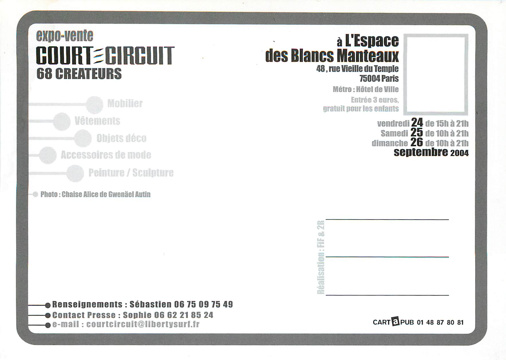 CPM L'Espace des Blancs Manteaux Court Circuit Expo Vente 68 Createurs Paris  — Verso