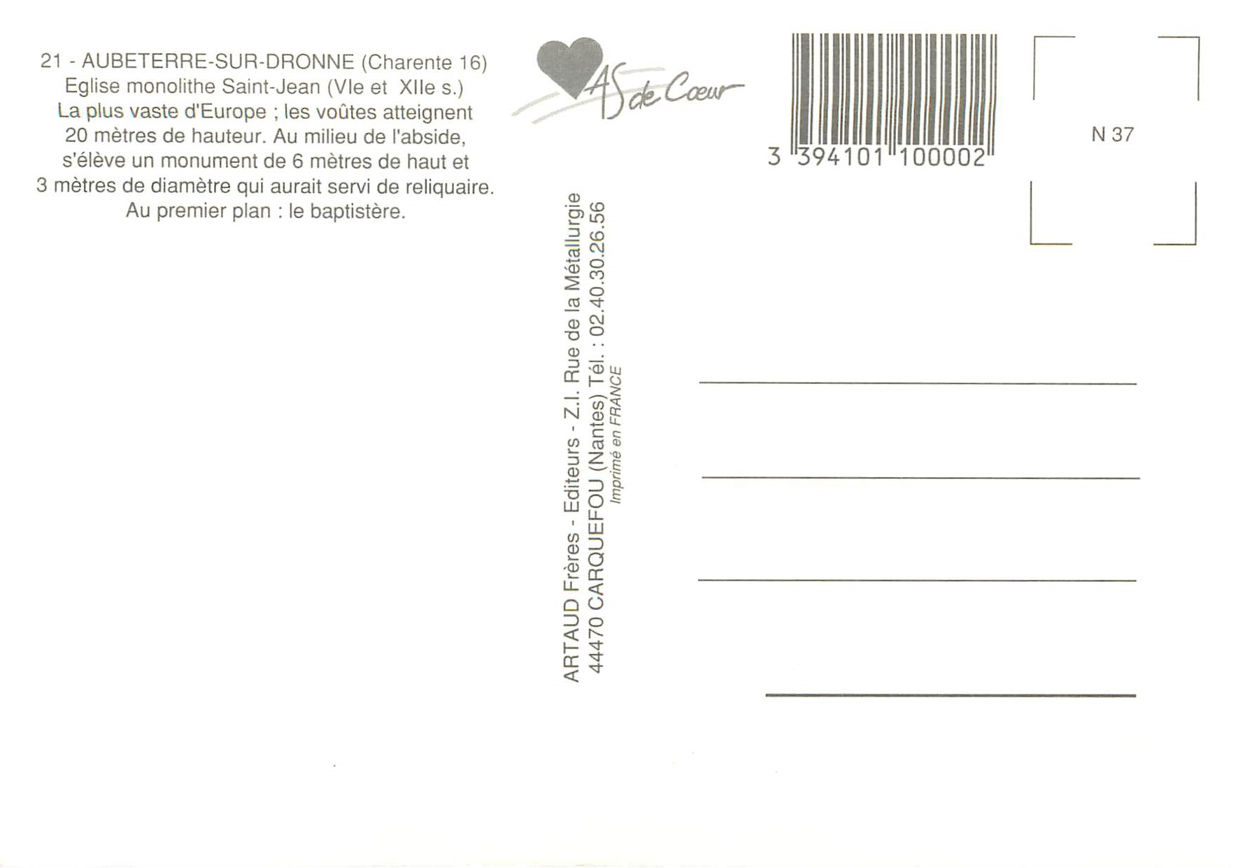 CPM Aubeterre Sur Dronne (Charente) Eglise Monolithe Saint Jean (VIe et XIIe S) — Rückseite