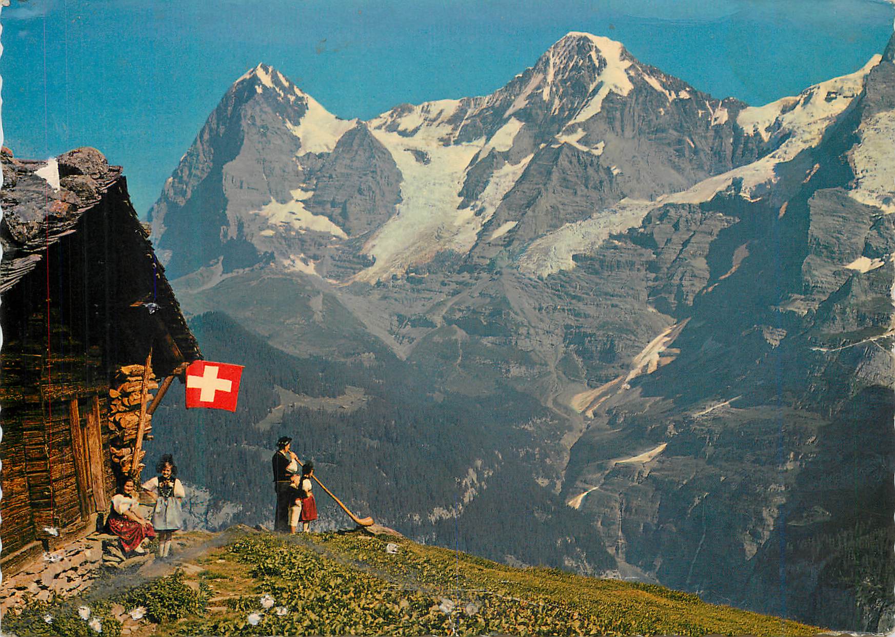 Familie und Bergsteiger mit dem Eiger und dem Mönch — Photoglob-Wehrli AG, Zürich, Nr. 2239