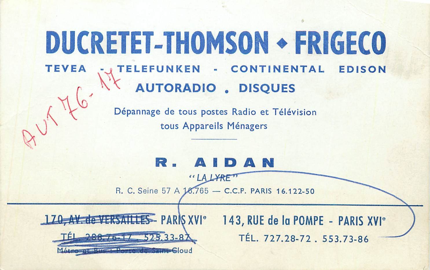 Carte de visite Ducret Thomson Frigeco Autoradio Disques Depannage de Tous Postes Radio et Television Rue de la Pompe
