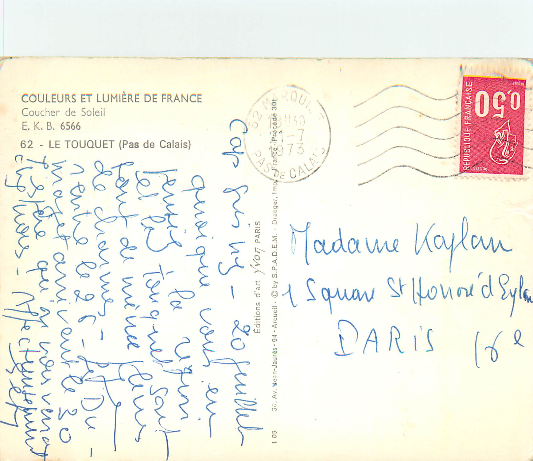 Coucher de Soleil — Le Touquet (Pas de Calais) — Éditions d'art S.P.A.D.E.M. n° 6566 — Verso
