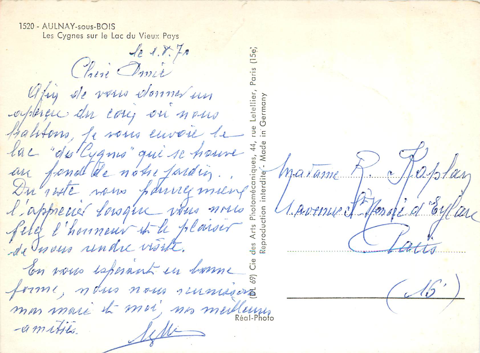 CPM Aulnay sous Bois Les Cygnes sur le Lac du Vieux Pays — Rückseite