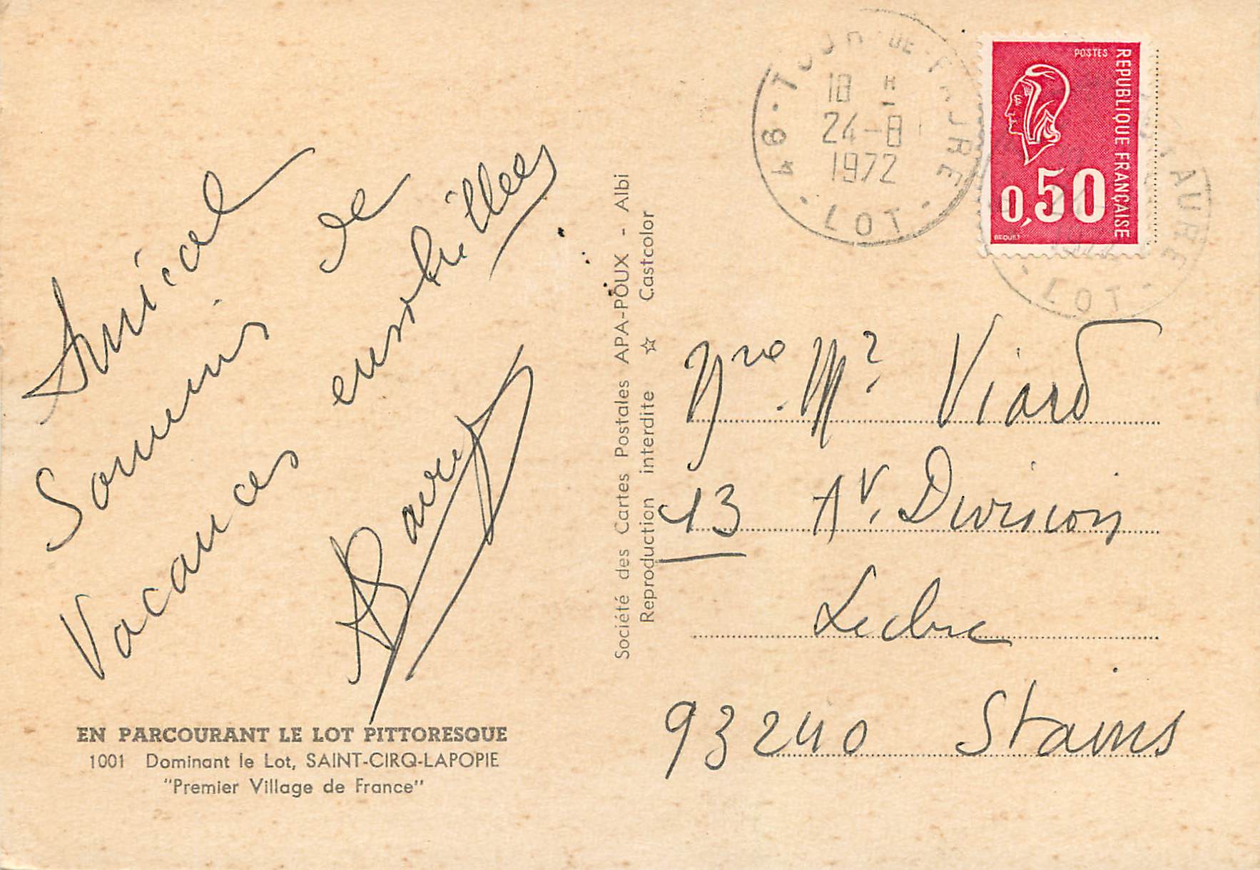 Saint-Cirq-Lapopie — Premier Village de France — Société des Cartes Postales APA-PÔUX — Reverso