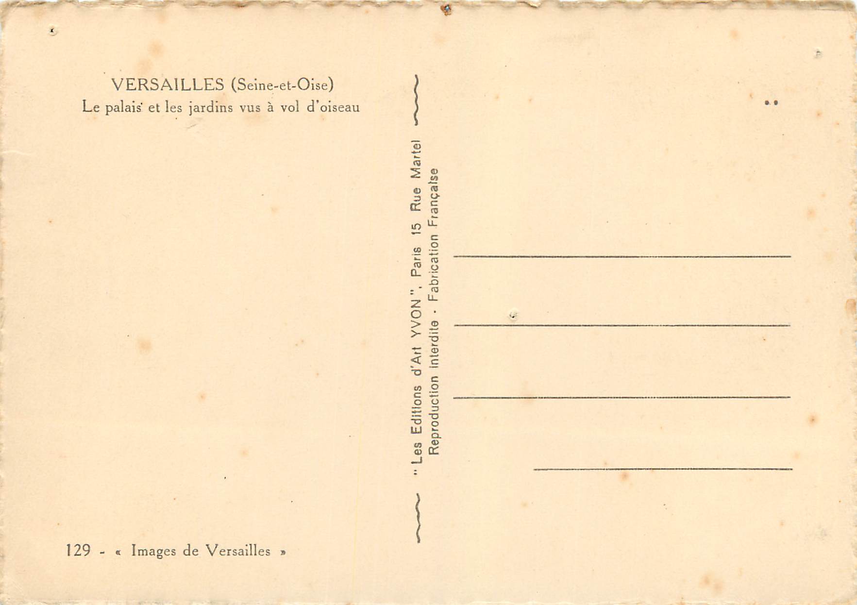 CPM Versailles (Seine et Oise) Le Palais et les Jarins Vus a Vol d'Oiseau — Verso