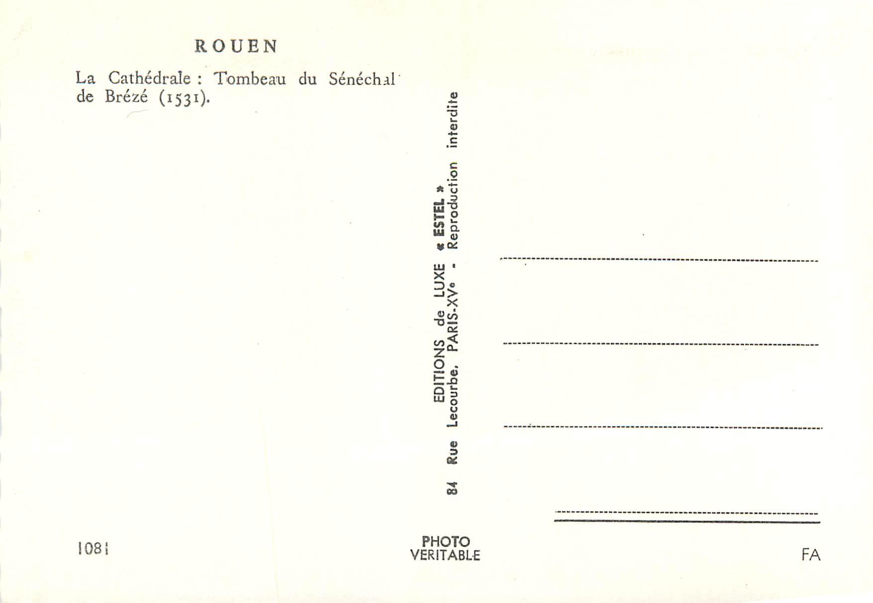 CPM Rouen La Cathedrale Tombeau du Senechal de Breze (1531) — Verso