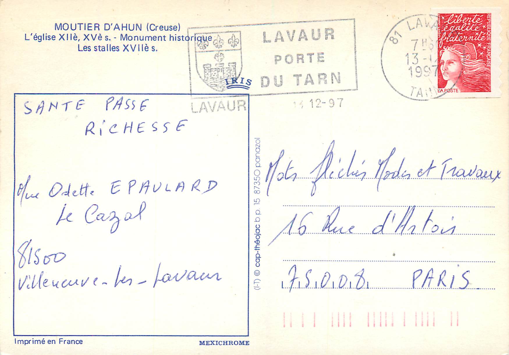 Die Stühle der Kirche von Moutier-d'Hun — Verlag IRIS, Nr. 15 — Rückseite