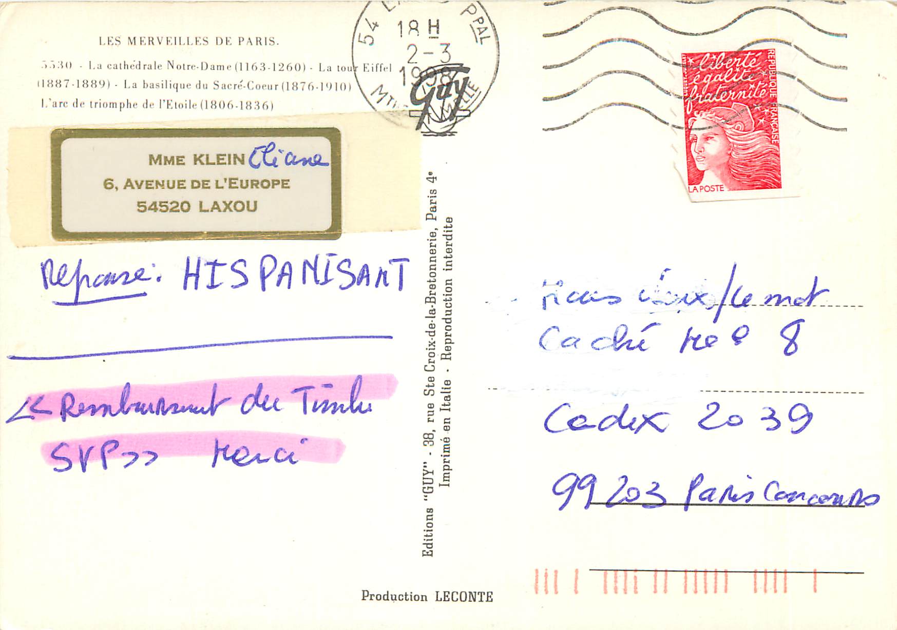 CPM Les Merveilles de Paris La Cathedrale Notre Dame La Tour Eiffel La Basilique du Sacre Coeur L'Arc de Triomphe — Rückseite