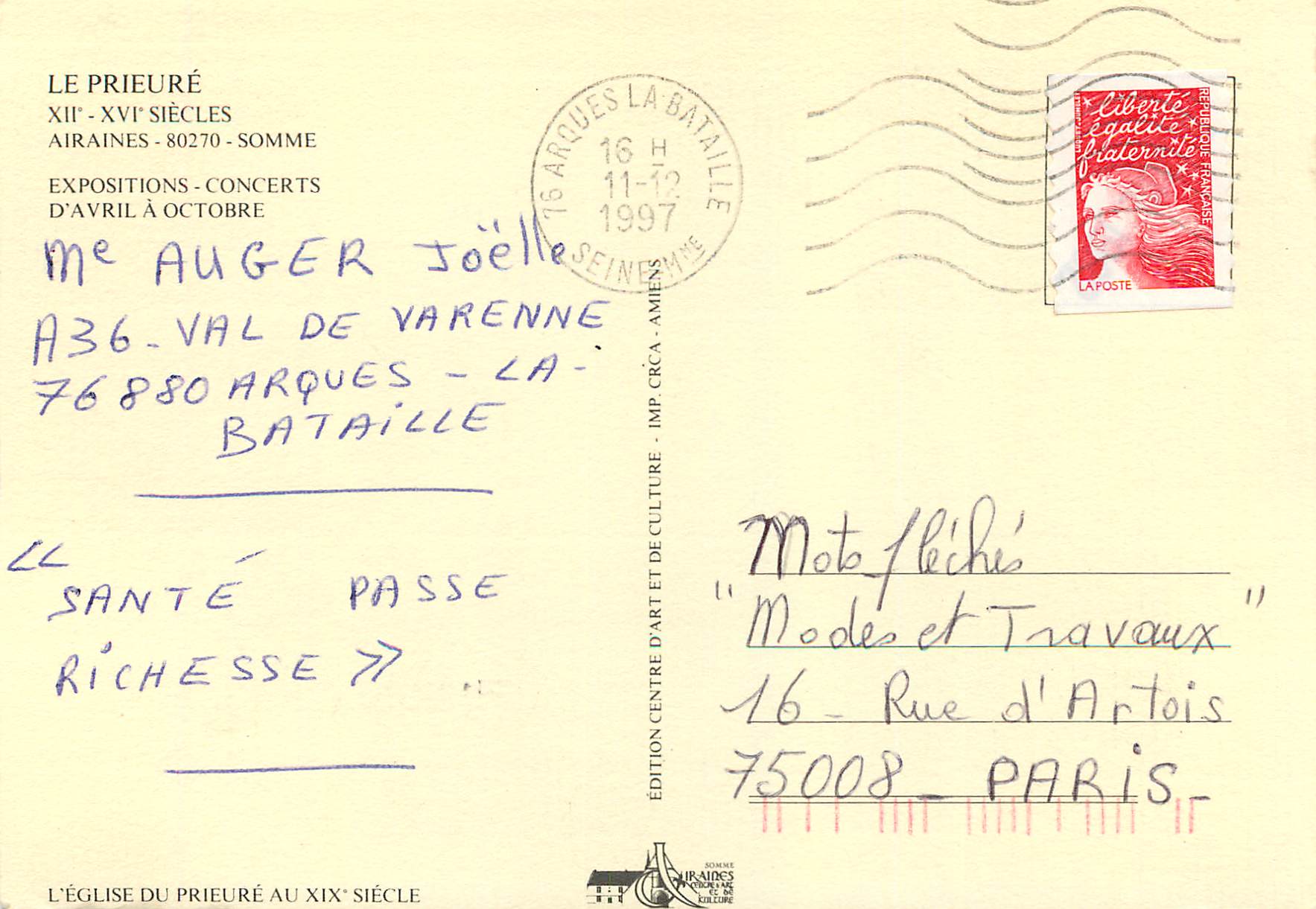 CPM L'Eglise du Prieure au XIXe Siecle Le Prieure XII XVIe Siecles Airaines Somme Expositions Concets d'Avril a Octobre — Back