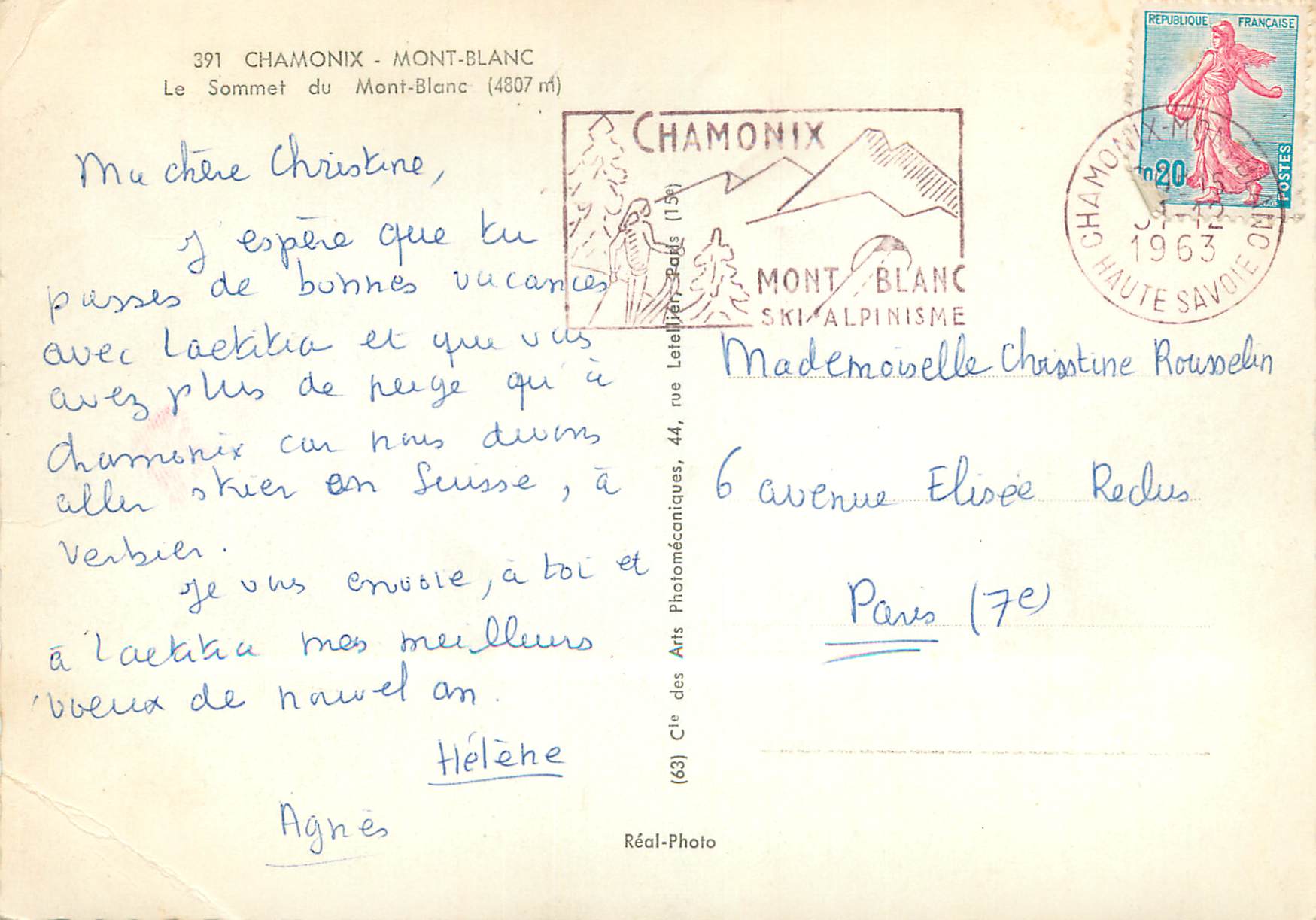 Sommet du Mont-Blanc — 4807 m — Cie des Arts Photomécaniques, Chamonix — Verso