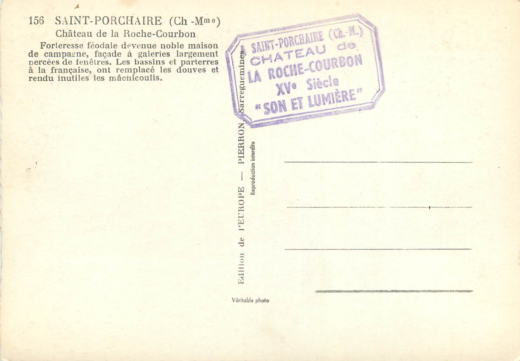 CPA Saint porchaire 156(ch mme) chateau de la roche courbon — Back