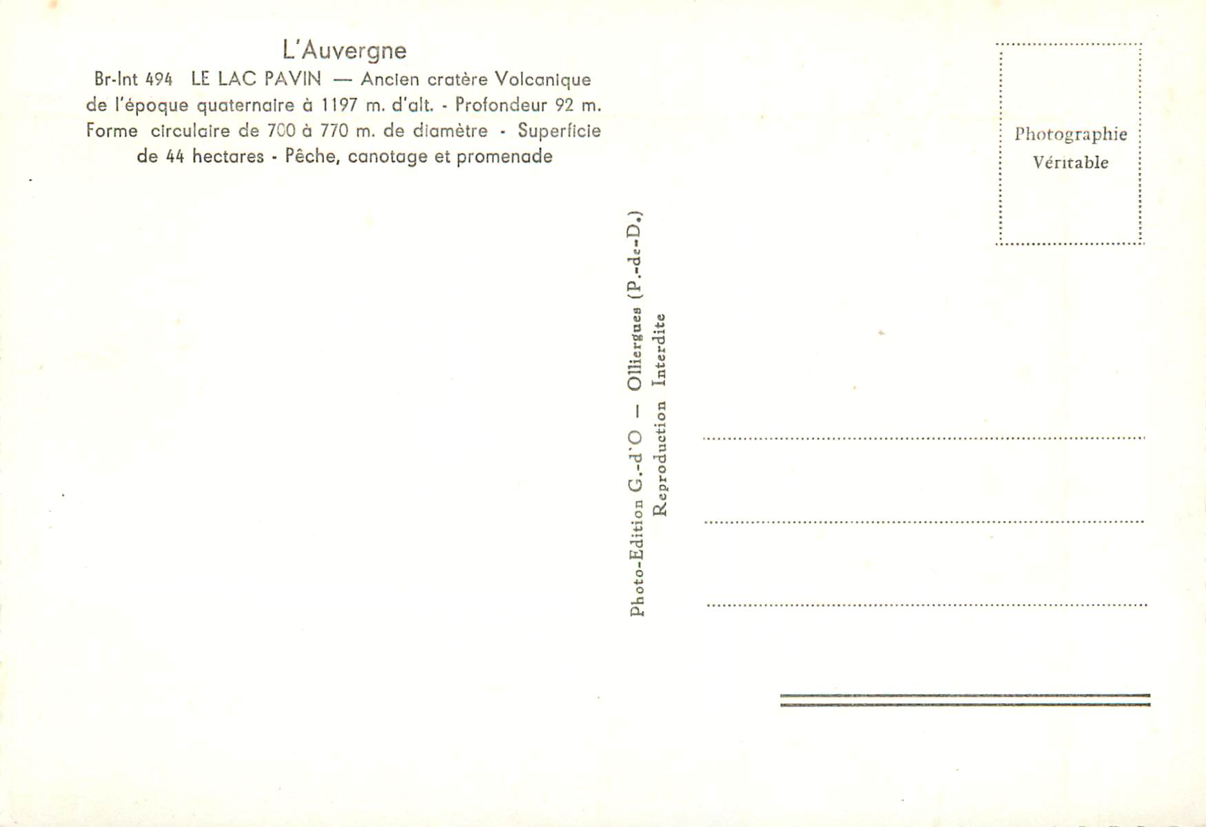 Le Lac Pavin — Ancien cratère volcanique — Édition G.d'O — Rückseite