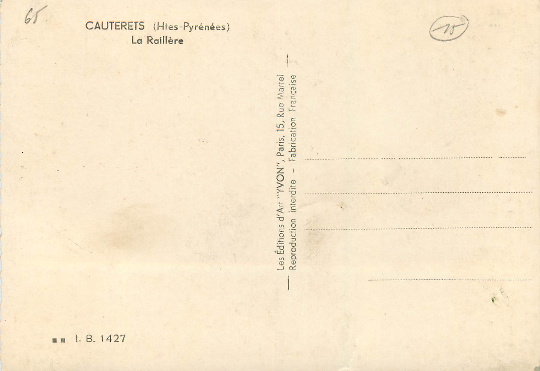 Cauterets (Hautes-Pyrénées) — La Raillère — Éditions d'Art 'YVON' — Rückseite