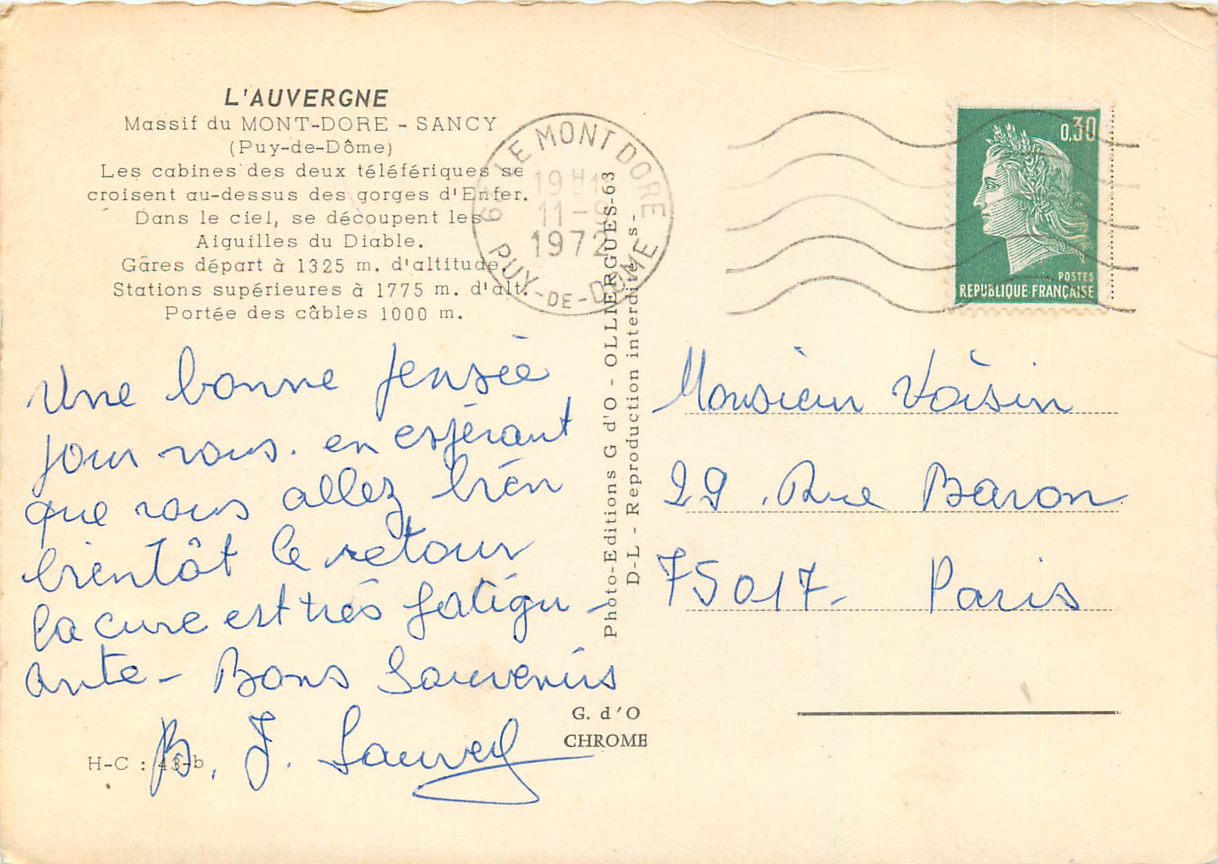 CPA L auvergne massif du mont dore sancy (puy de dome) — Verso