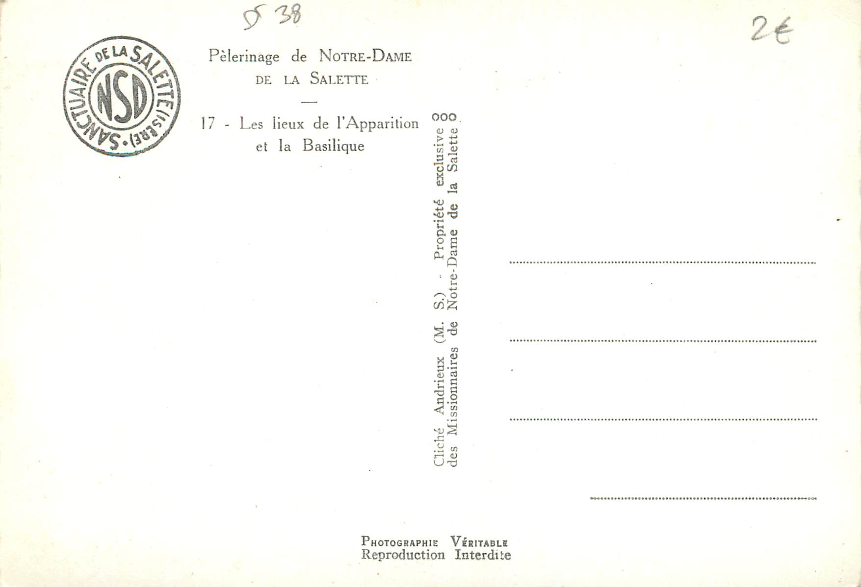 Basilica of La Salette — Pilgrimage of Notre-Dame de la Salette — Publisher NSD — Back