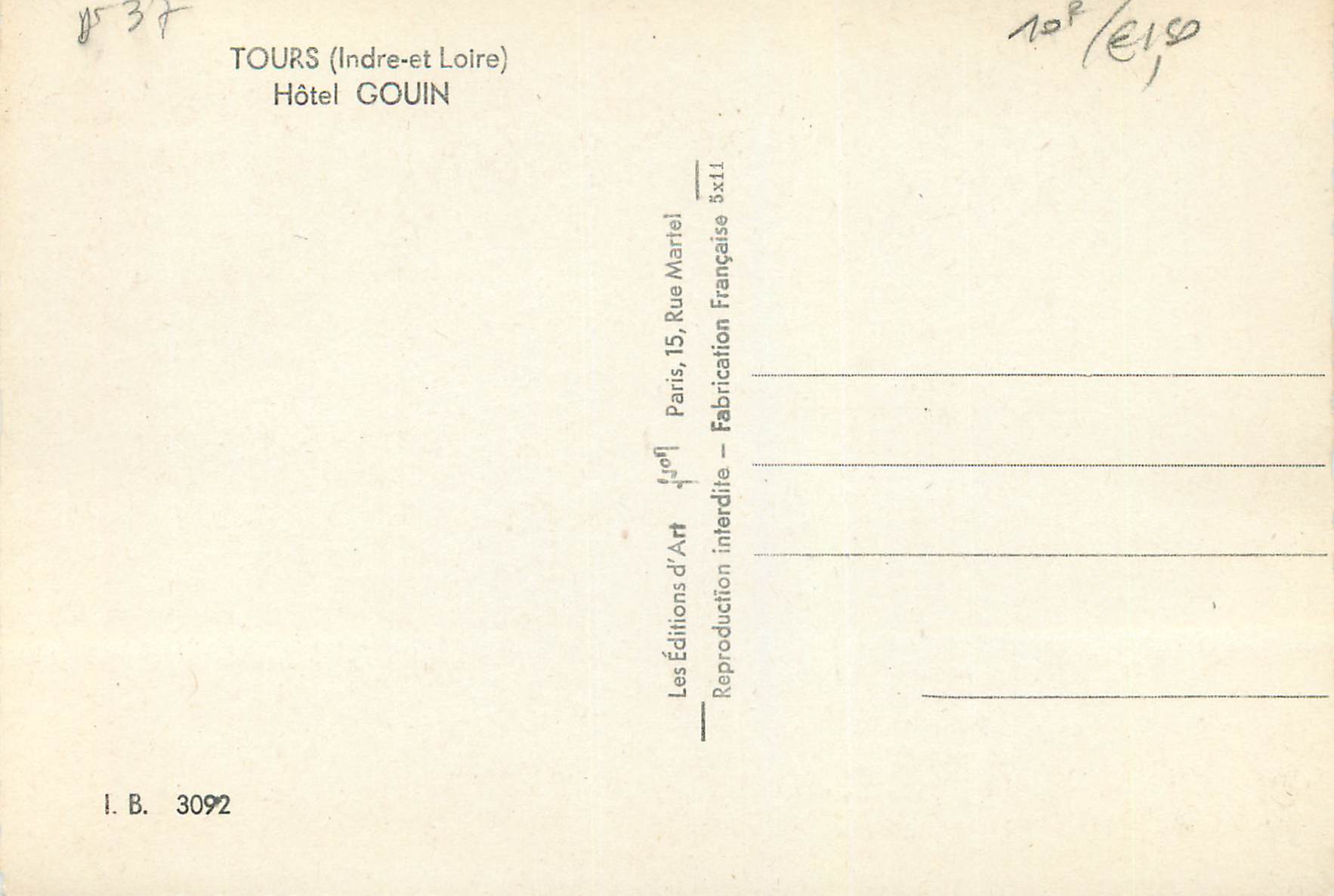 CPM Tours (indre et loire) hotel gouin — Rückseite
