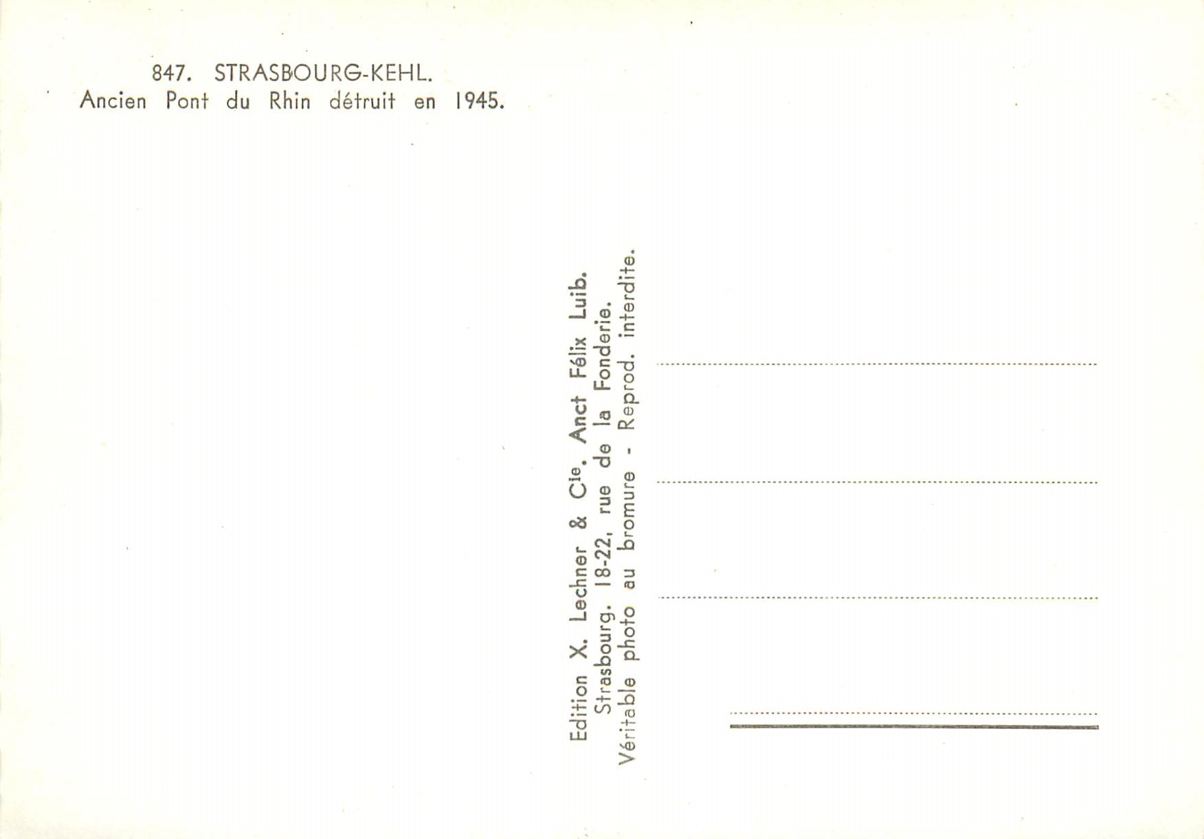 CPM Strasbourg kehl 847 ancien pont du rhin detruit en 19 — Rückseite