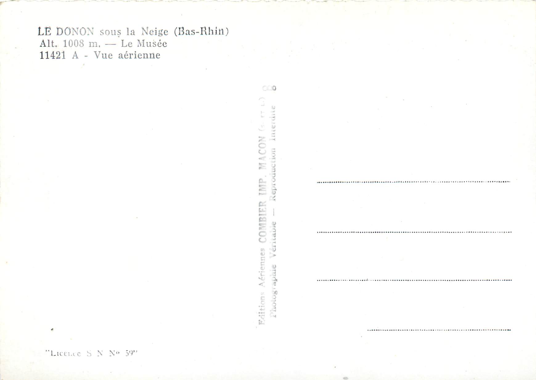 Le Donon sous la Neige (Bas-Rhin) — Alt. 1008 m. — Le Musée — Vue aérienne — Éditions Aériennes Combier Imp. Maccon — N° 59 — Reverso