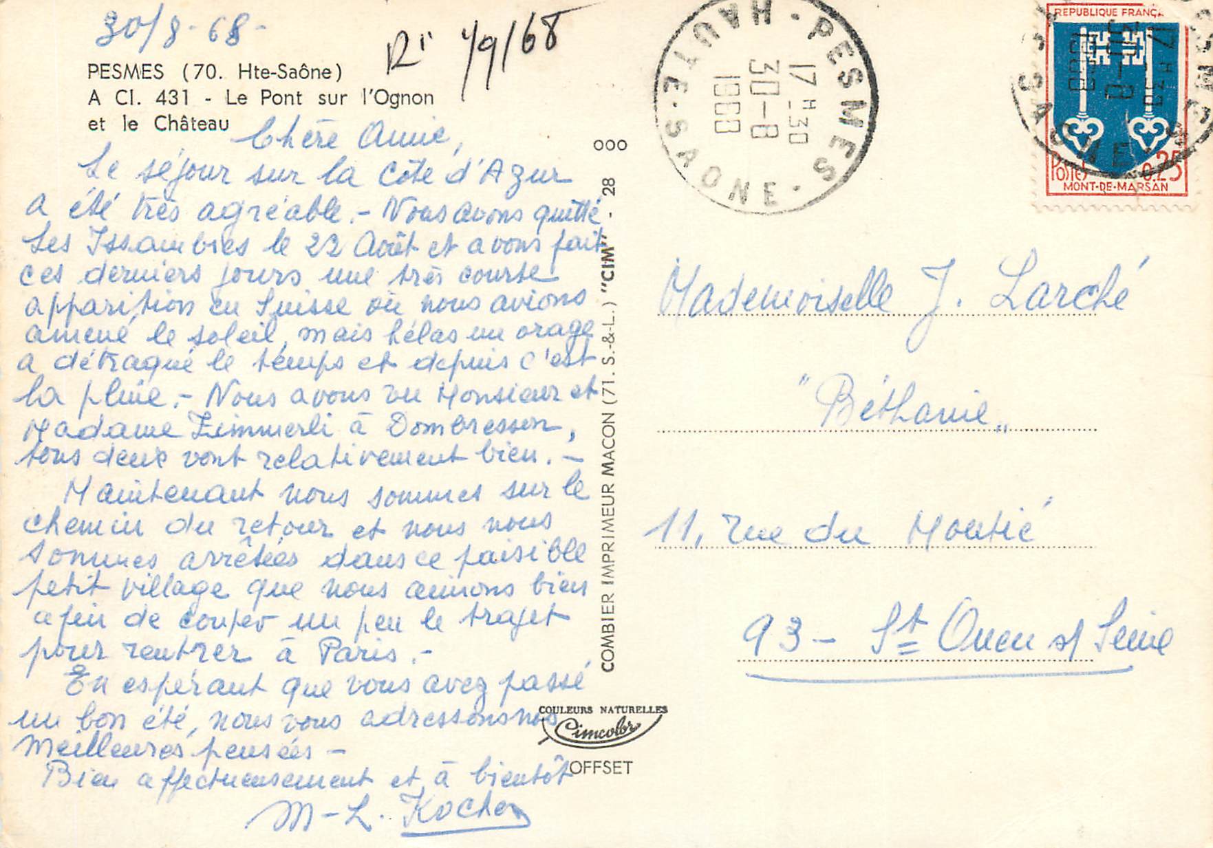 CPM Pesmes (70 hte saone) a cl 431 le pont sur l ognon et le chateau — Rückseite
