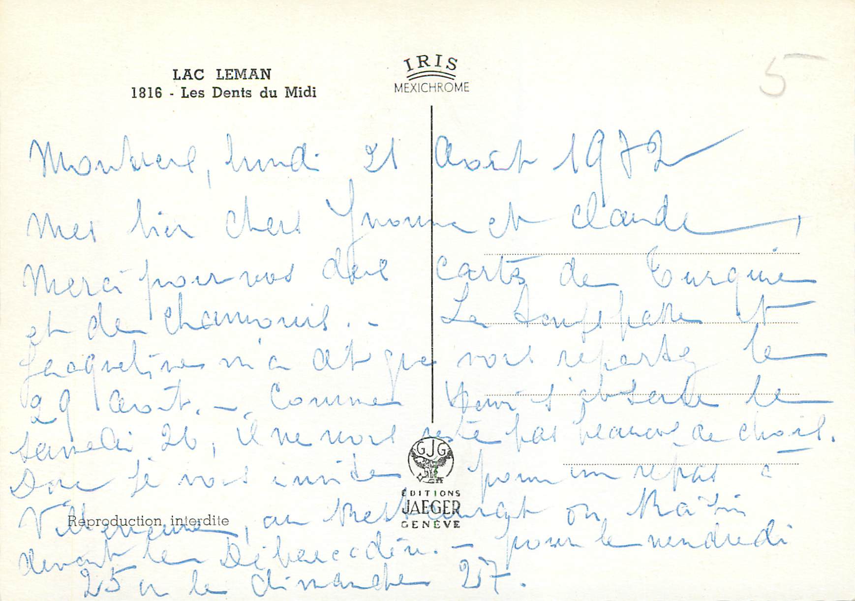 CPM Lac leman 1816 les denis du midi — Rückseite