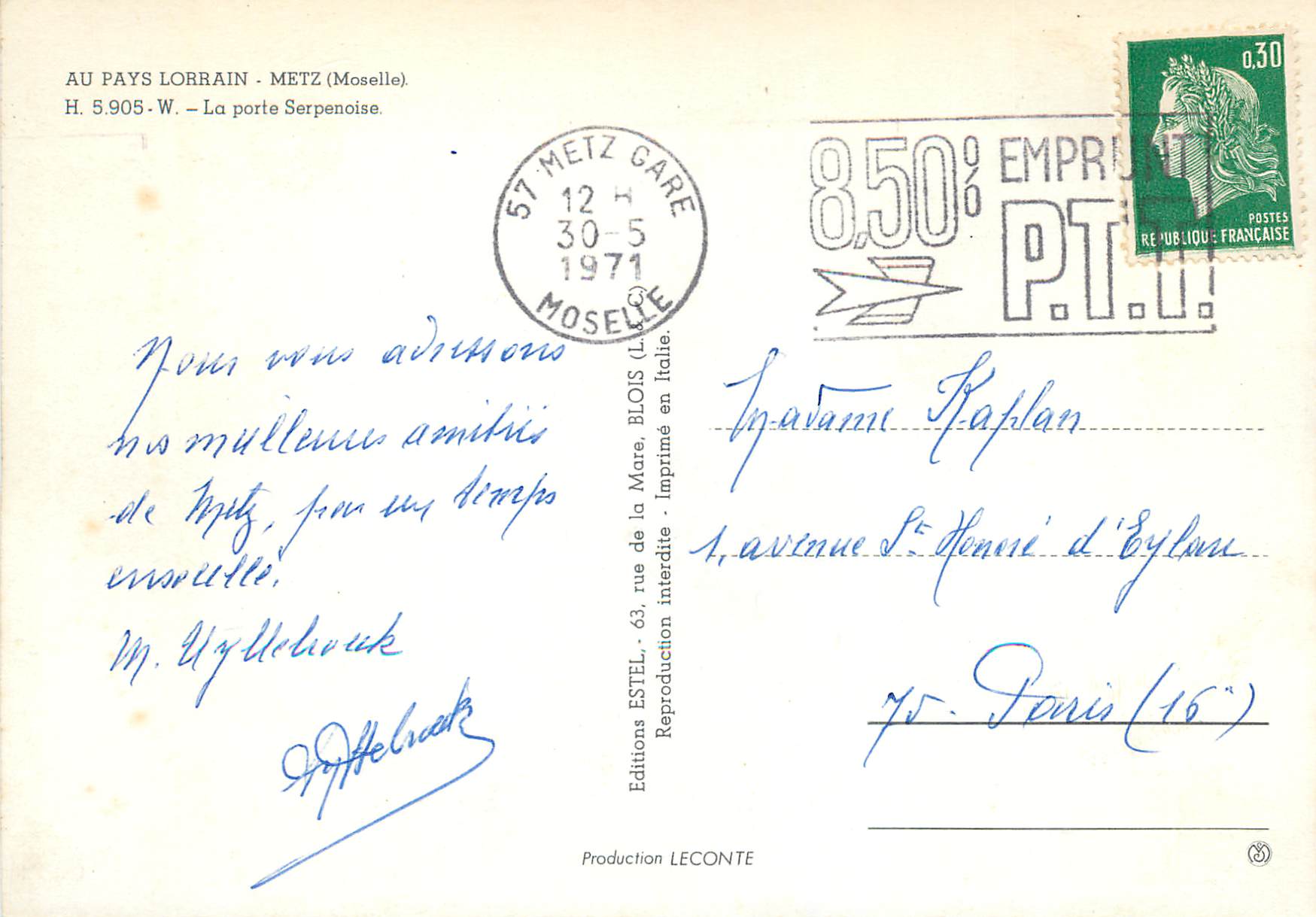 Porte Serpenoise — Transformation des anciennes installations postales — Éditeur ESTEL, n° H. 5.905-W — Back