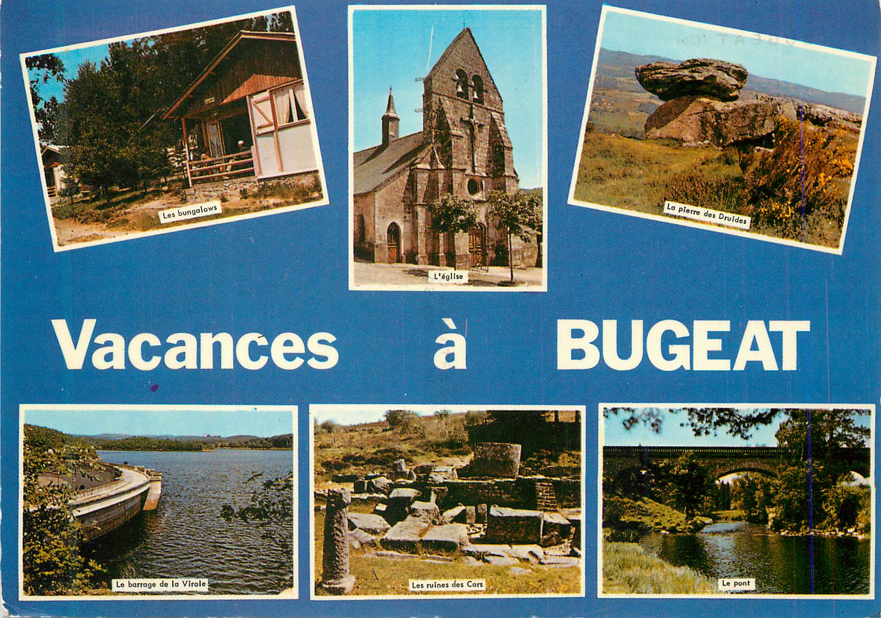 CPM Bugeat (correze) Les bungalows L'eglise Le pont Les ruines des Cars