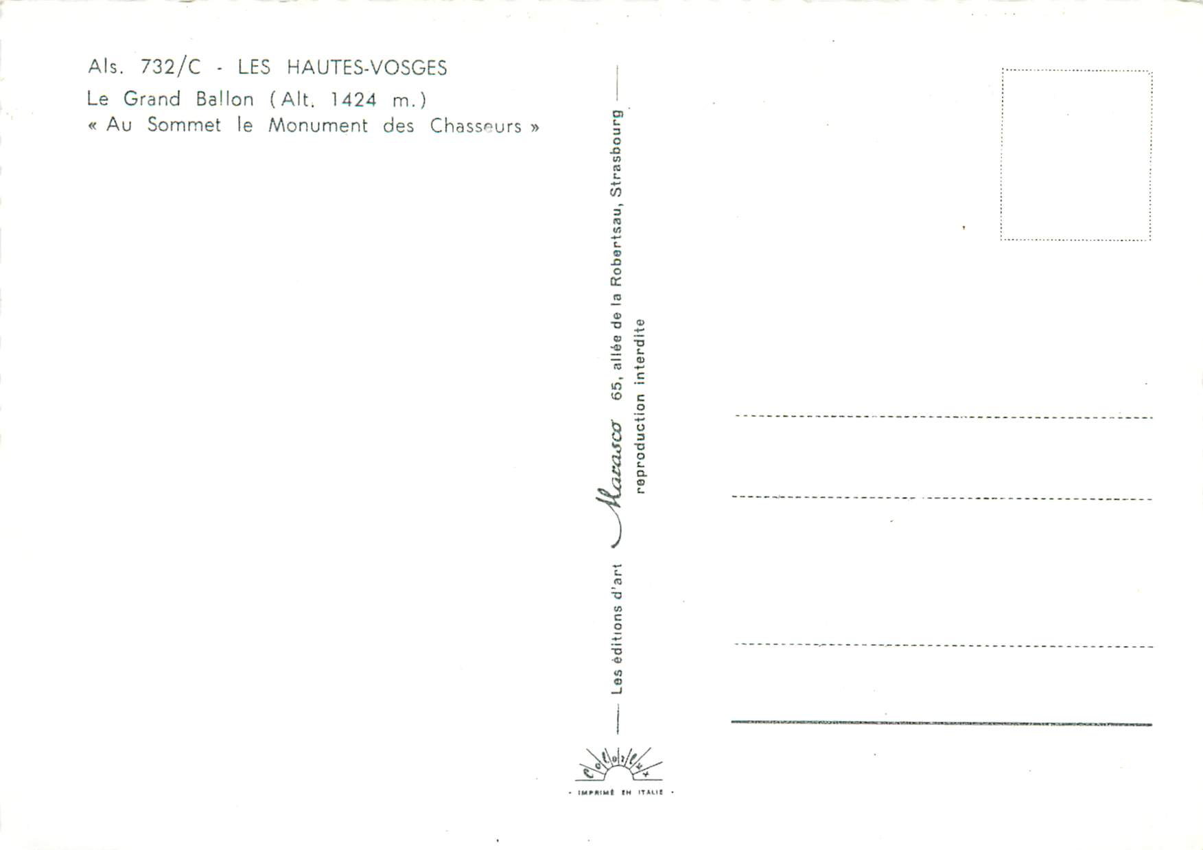 CPM Als 732 c les hautes vosges le grand ballon(alt 1424 m) au sommet le monument des chasseurs Vaches — Rückseite