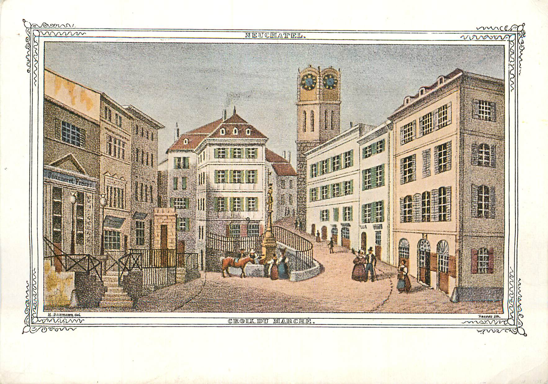Neuchâtel — Place du Marché — lithographie d'après Henry Baumann