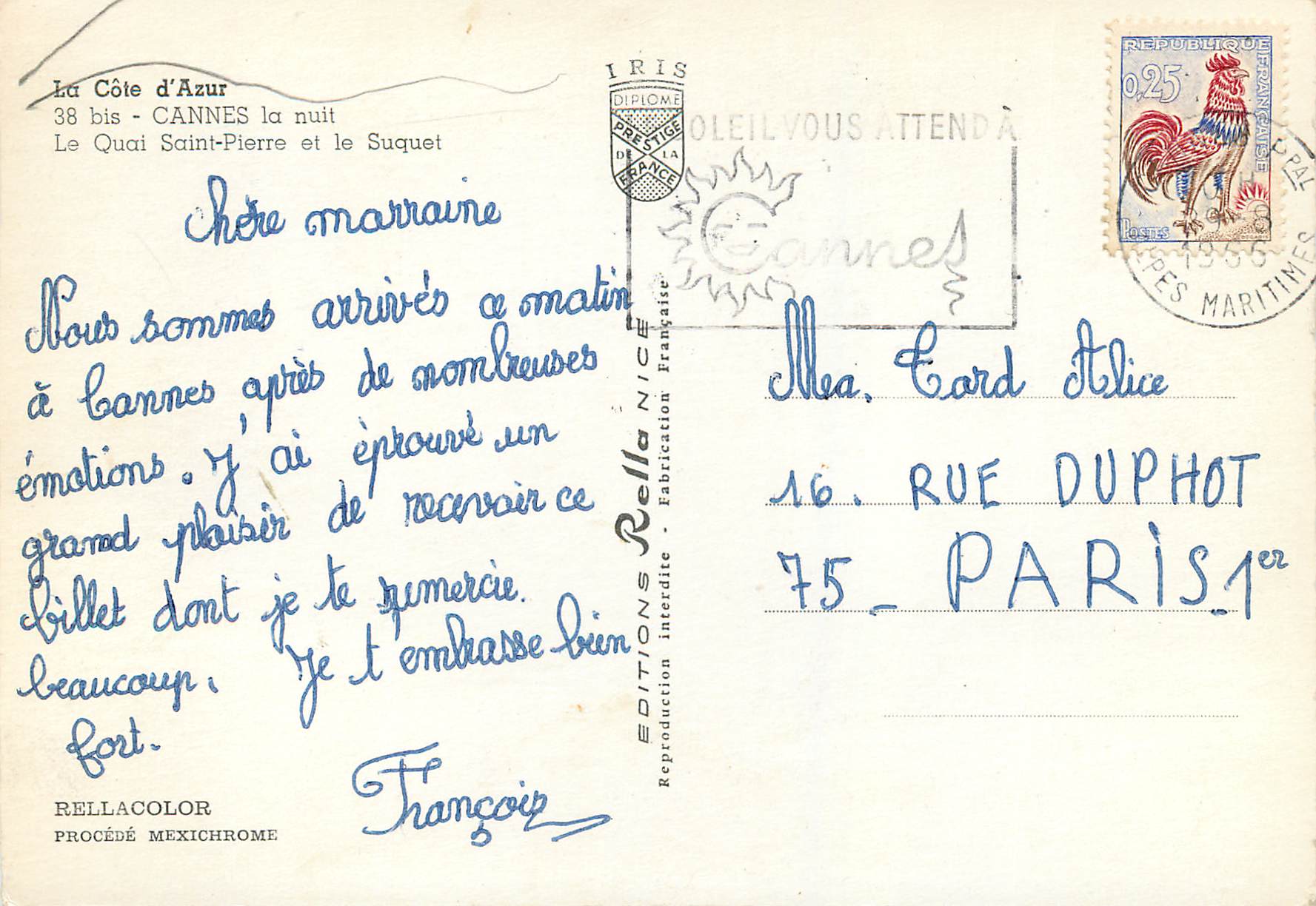 CPM La cote d azur 38 bis cannes la nuit le quai saint pierre et le suquet — Verso