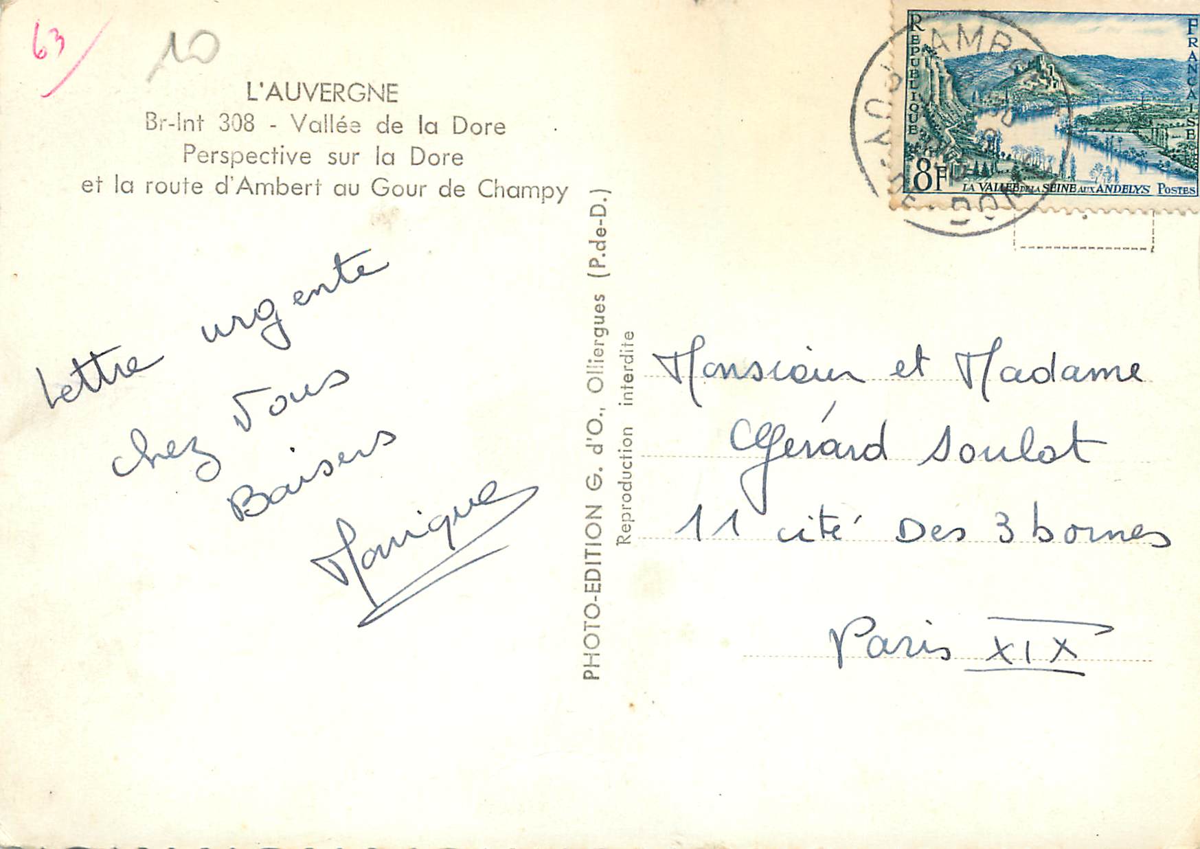 CPM L auvergne br int 308 vallee de la dore perspective sur la dore et la route d ambert au gour de champy — Verso