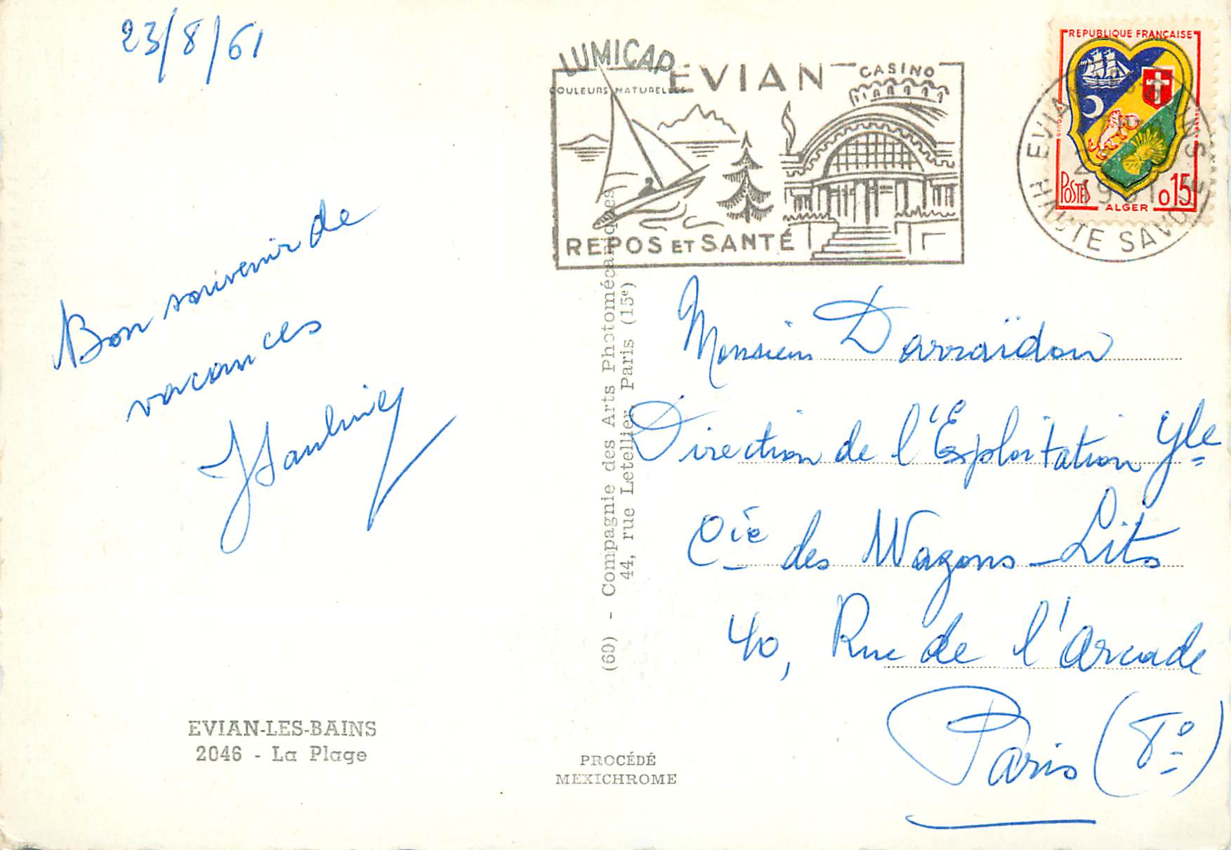 Plage d'Evian-les-Bains — terrasse avec parasols — Éditeur IRIS — Verso