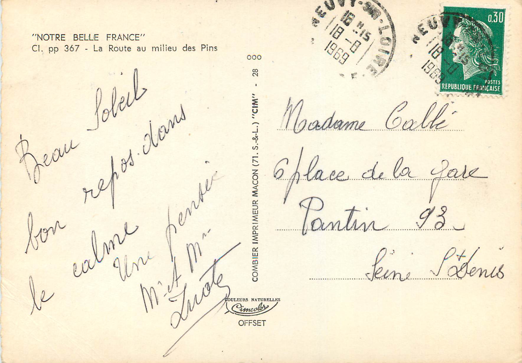 CPM Notre belle france cl pp 367 la route au milieu des pins — Verso