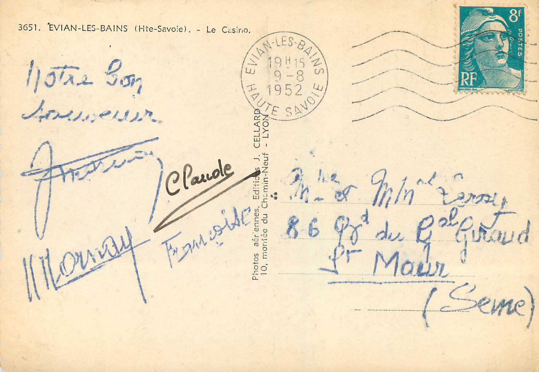 Évian-les-Bains (Haute-Savoie) — Le Casino — Éditions J. Cellard, Lyon — Verso