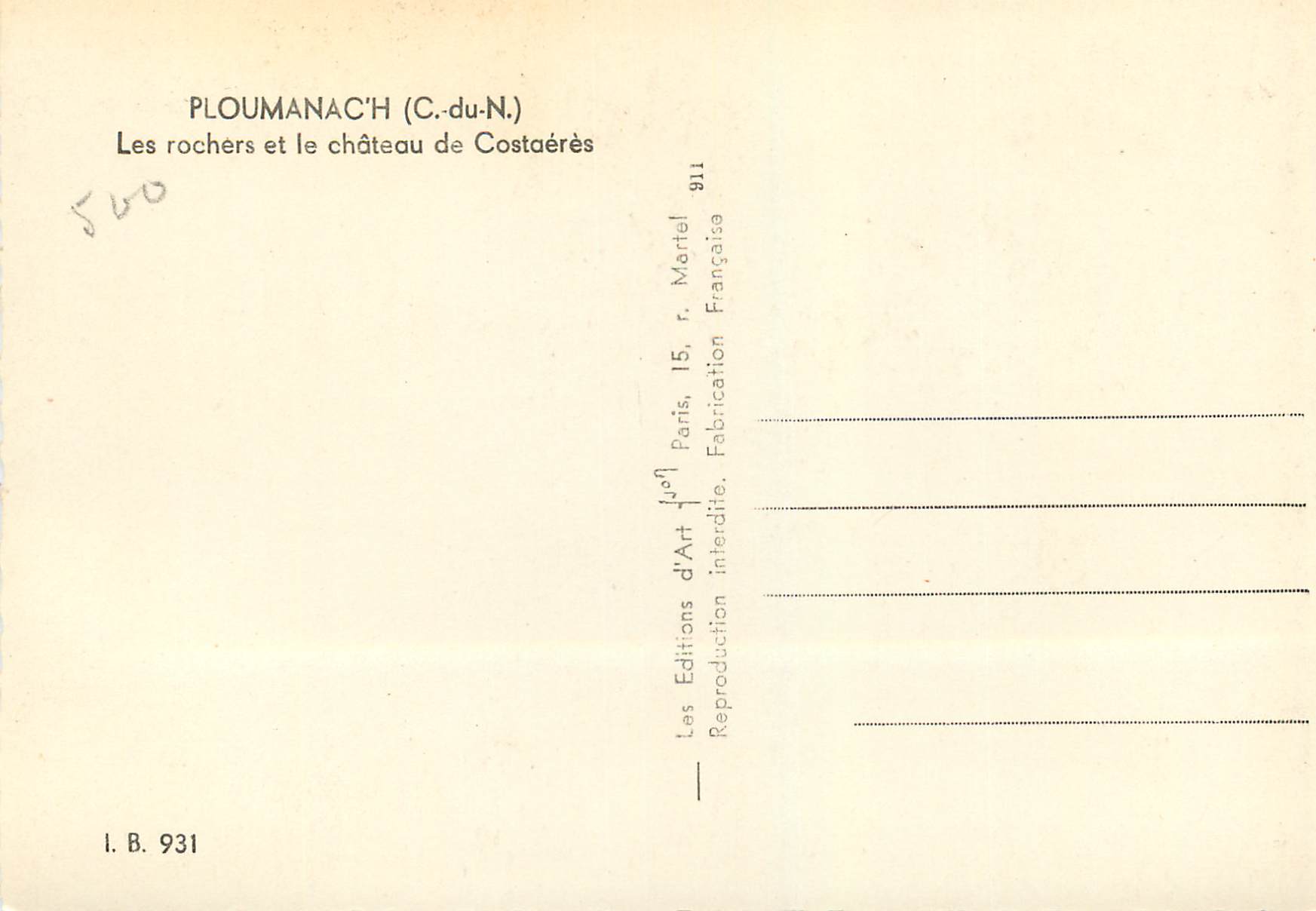 Ploumanac'h (C.-du-N.) — Les rochers et le château de Costaéres — Éditions d'Art, Paris — Rückseite