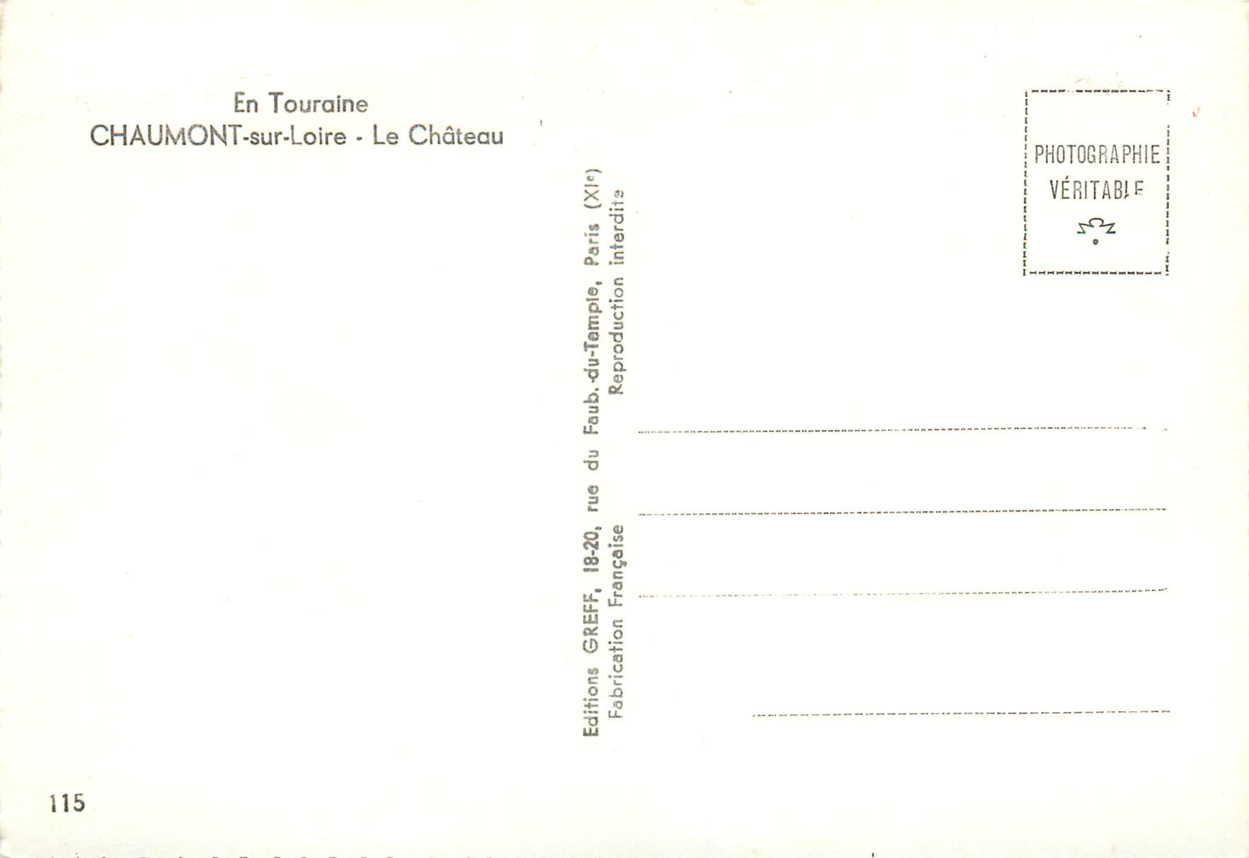 Chaumont-sur-Loire — Ansicht des Schlosses — Editions GREFF, Paris — Rückseite