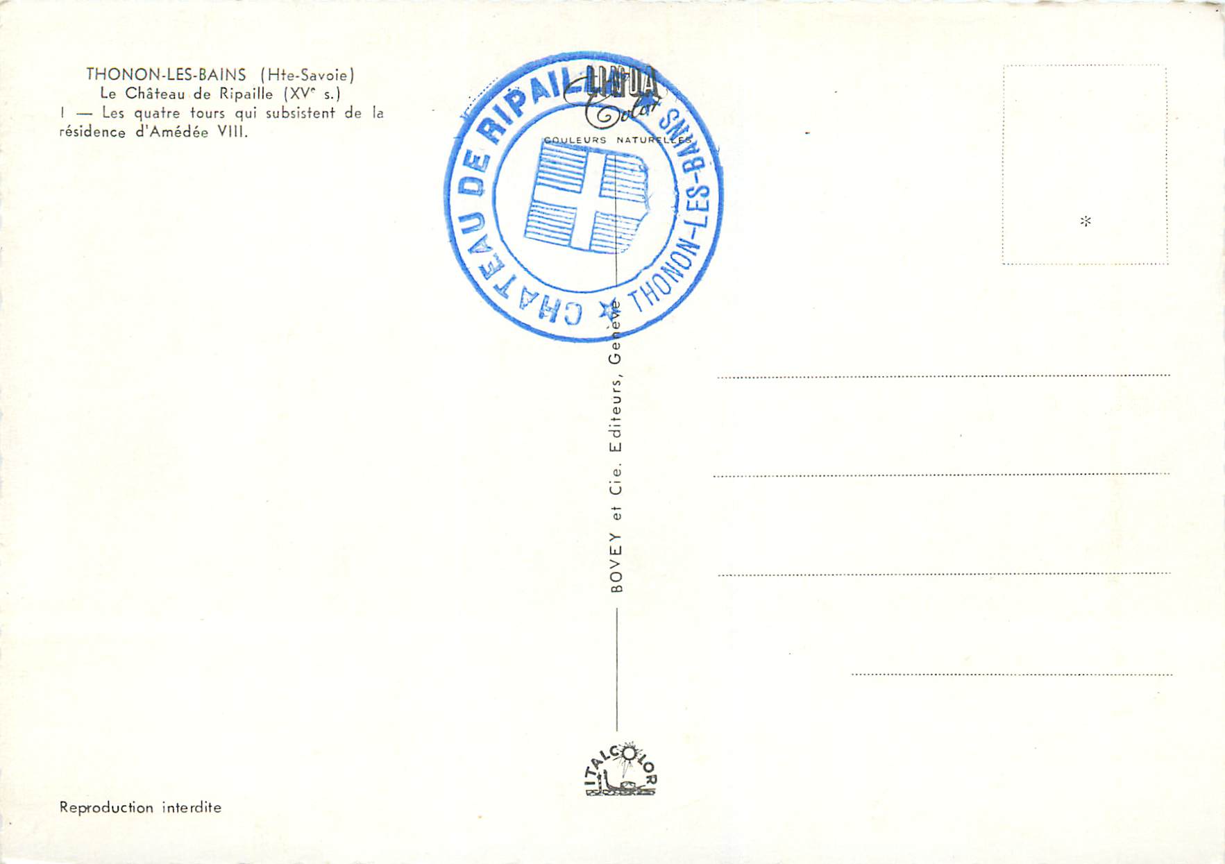 CPM Thonon les bains (hte savois) le chateau de ripaille (xv s) — Verso