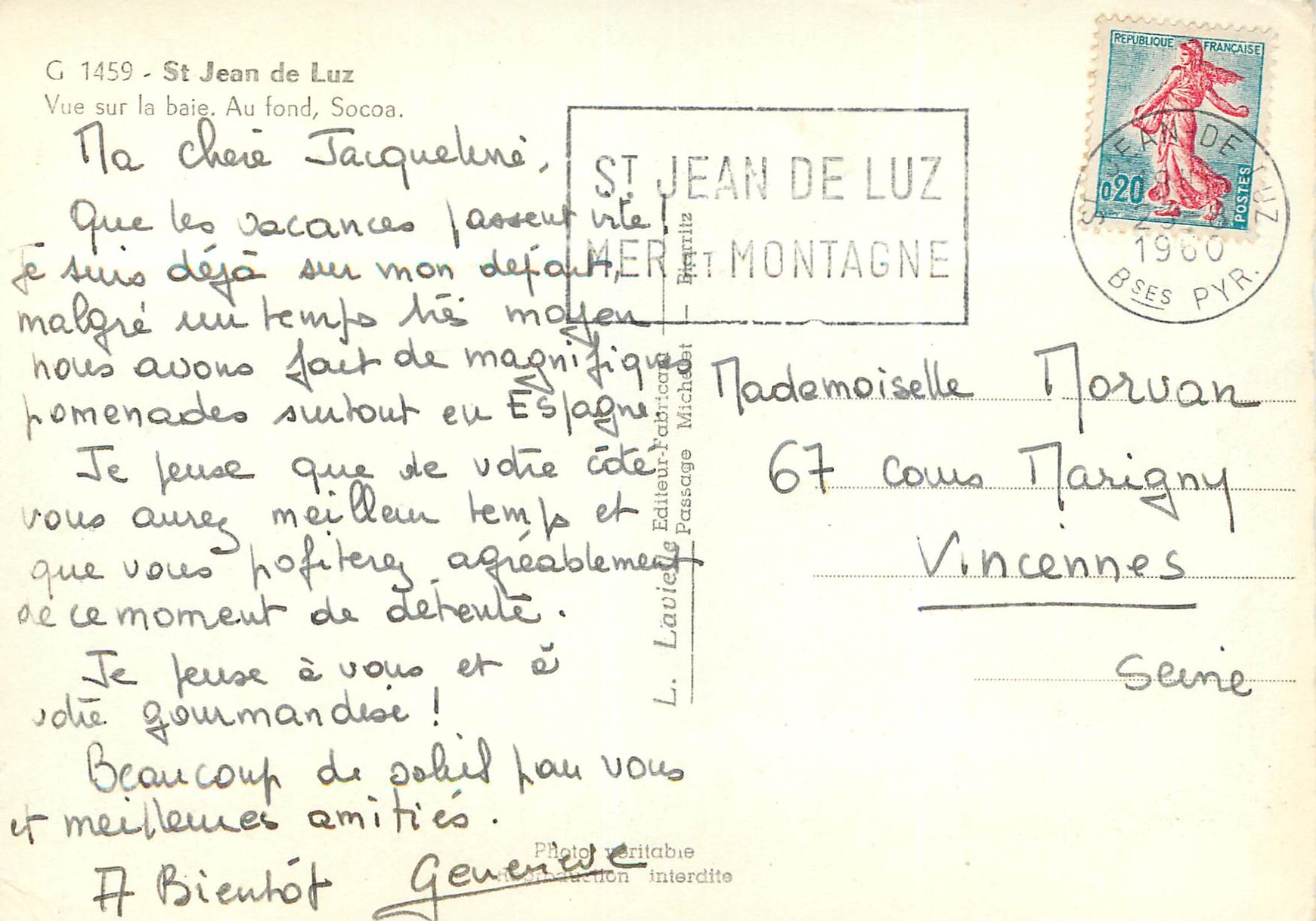 Vue sur la baie de St Jean de Luz — au fond Socoa — éditeur L. Lavielle, n° G 1459 — Reverso