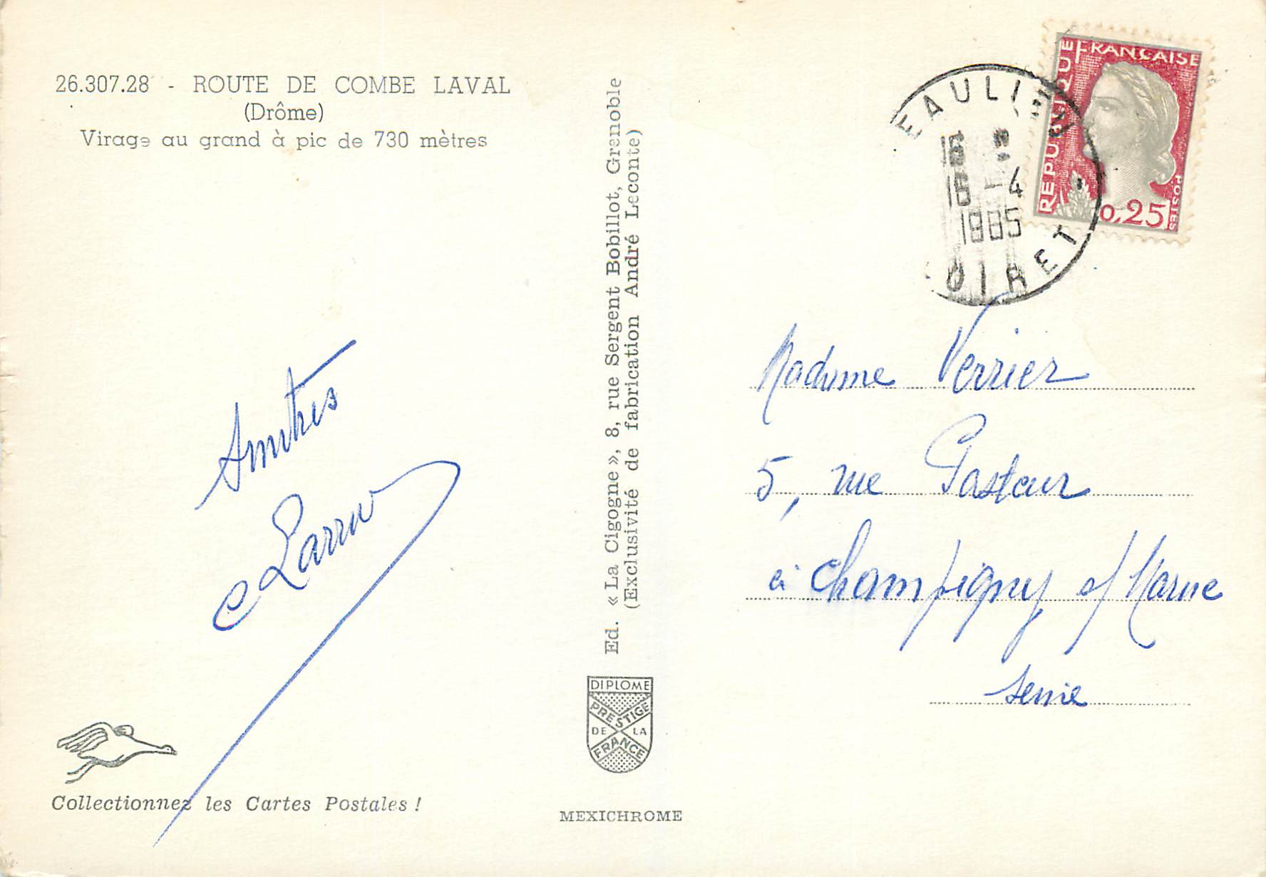 CPM Route de combe laval 26 307 28 (drome) virage au grand a pic de 730 metres — Rückseite