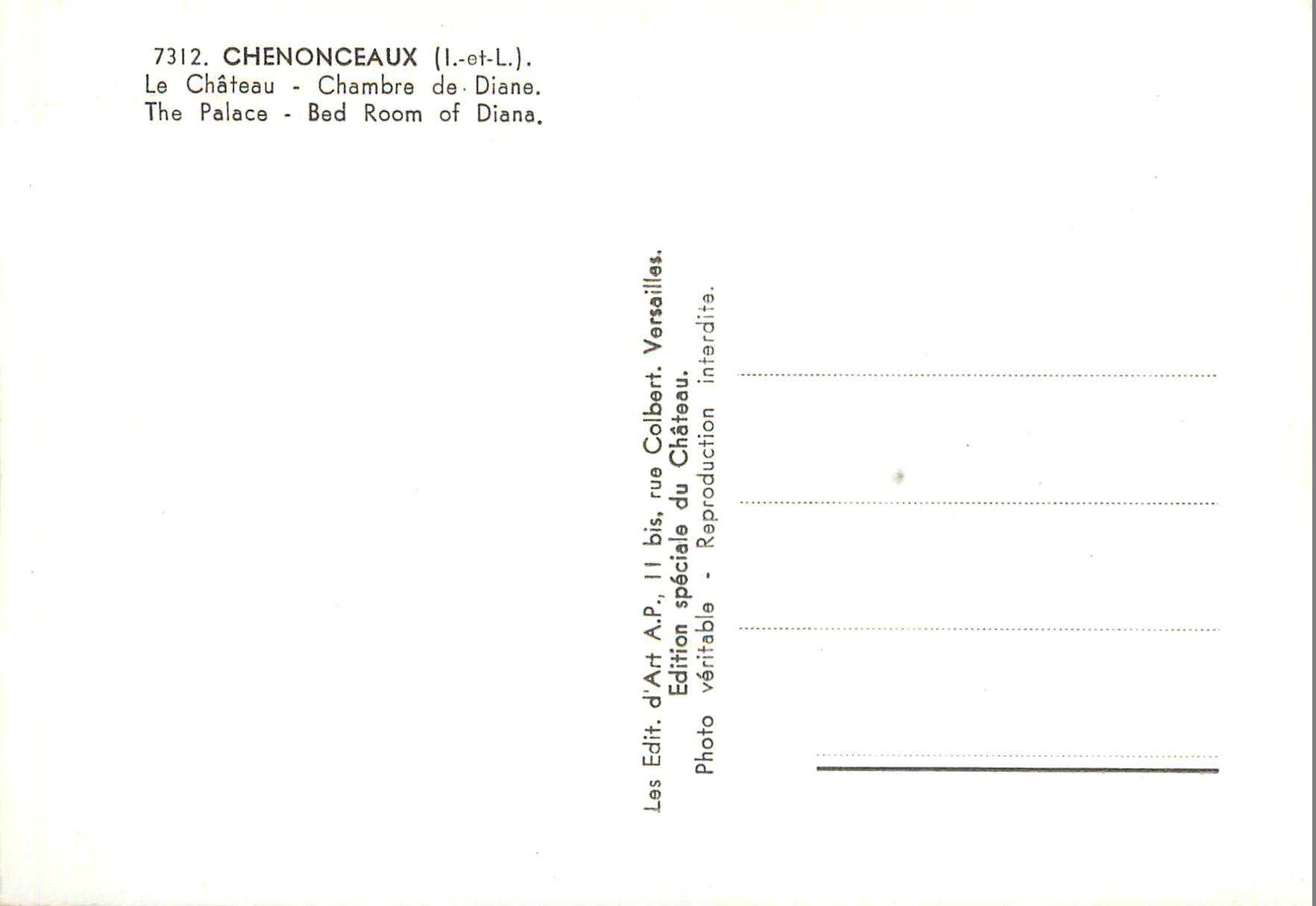 CPM 7312 chenonceaux (i et l) le chateau chambre de diane — Rückseite