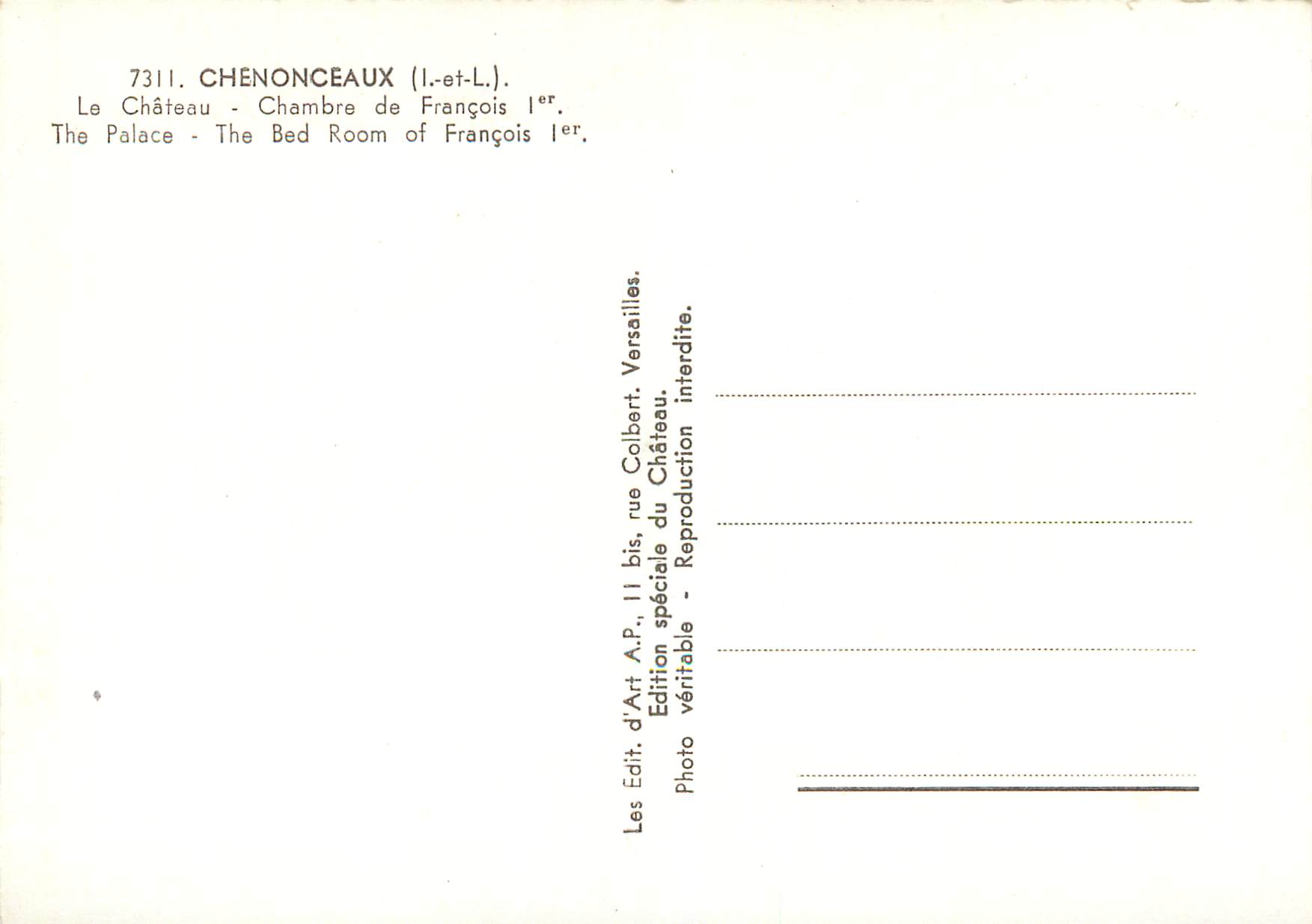 CPM 7311 chenonceaux (i et l) le chateau chambre de francois 1 er — Rückseite