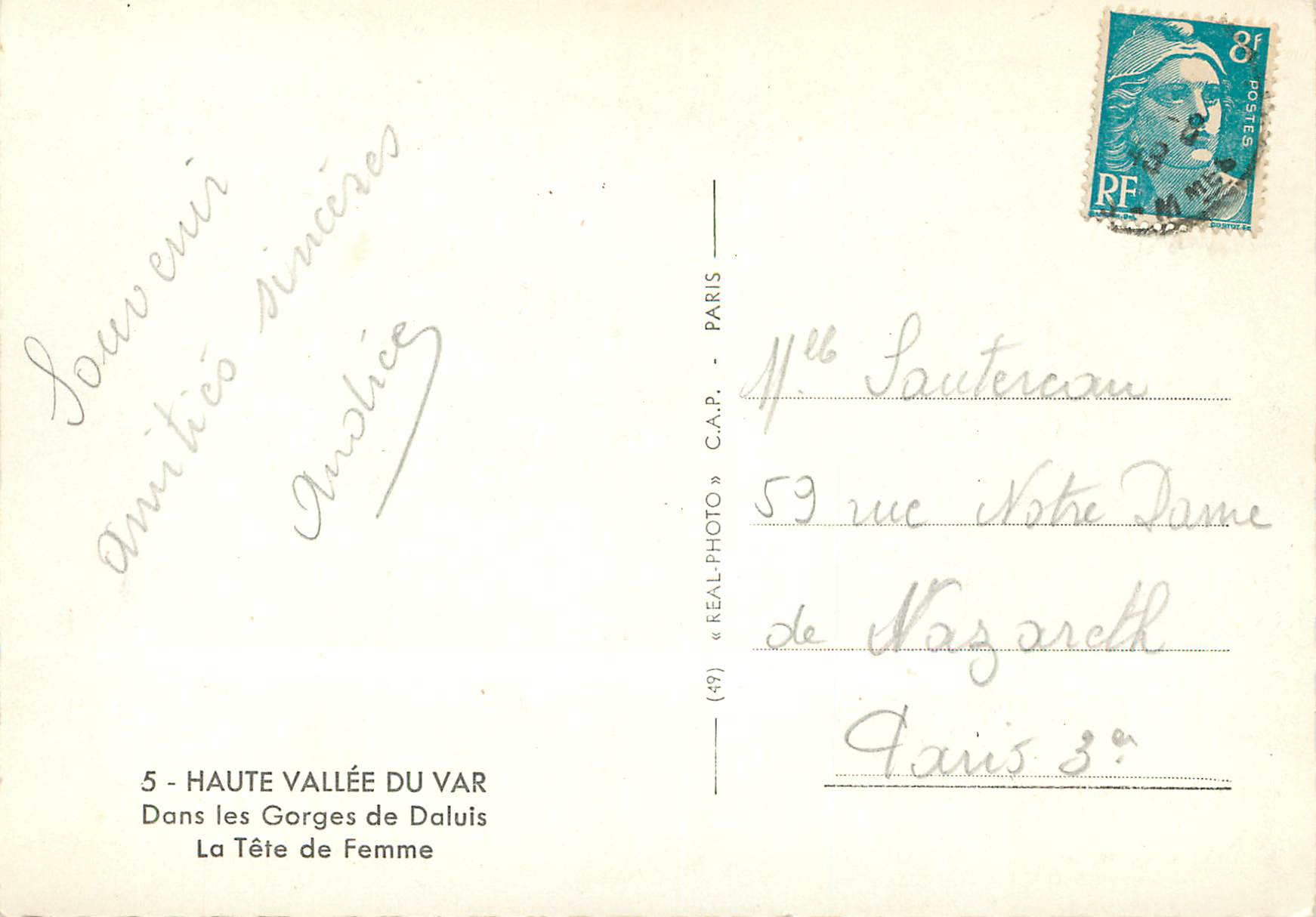 CPM 5 haute vallee du var dans les gorges de daluis la tete de femme — Rückseite