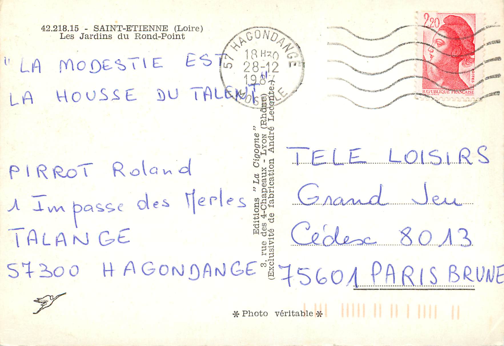 CPM 42 218 15 saint etienne (loire) les jardins du rond point — Rückseite