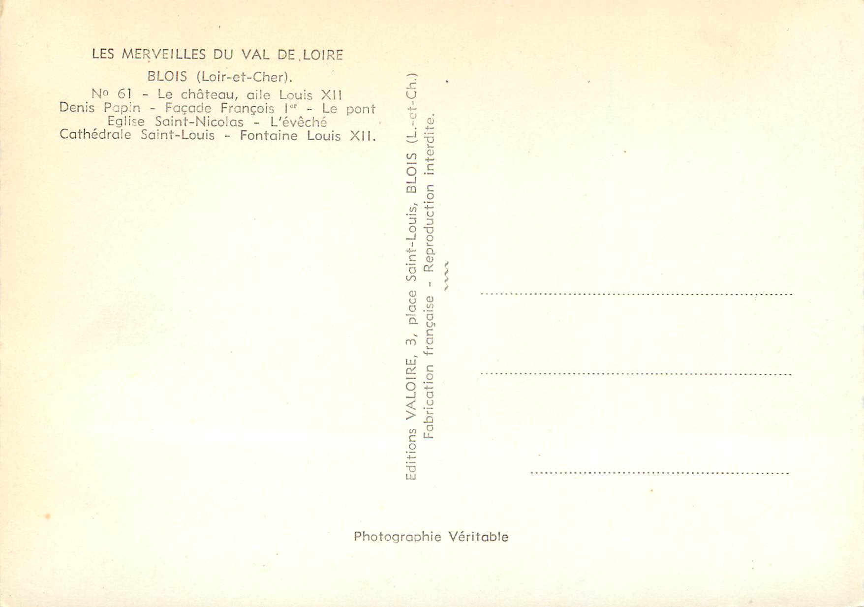 Souvenirs de Blois — Les Merveilles du Val de Loire — Éditions Valoire — Verso