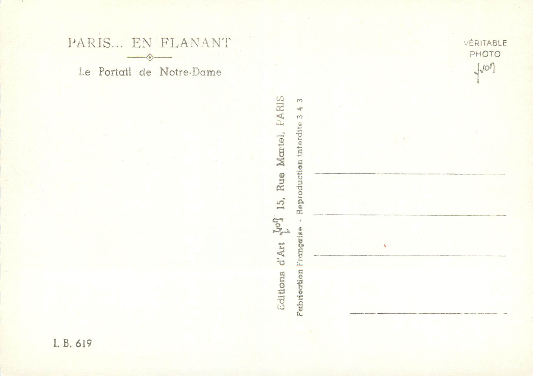 CPM Paris en flanant le portail de notre dame — Verso